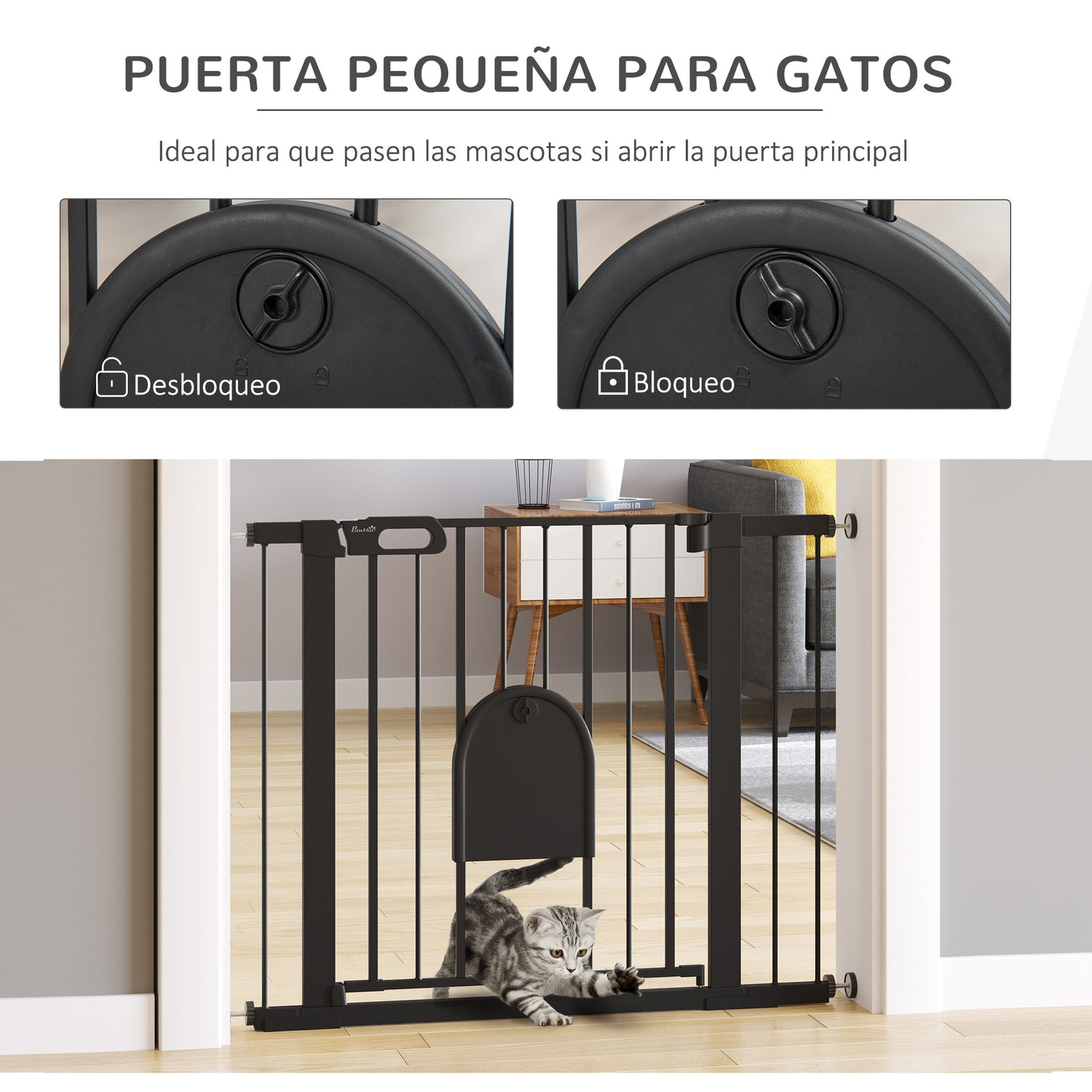 PawHut Barrera de Seguridad para Perros Mascotas 75-103 cm para Escaleras y Puertas con 2 Extensiones Cierre Automático y Sistema de Doble Bloqueo Negro