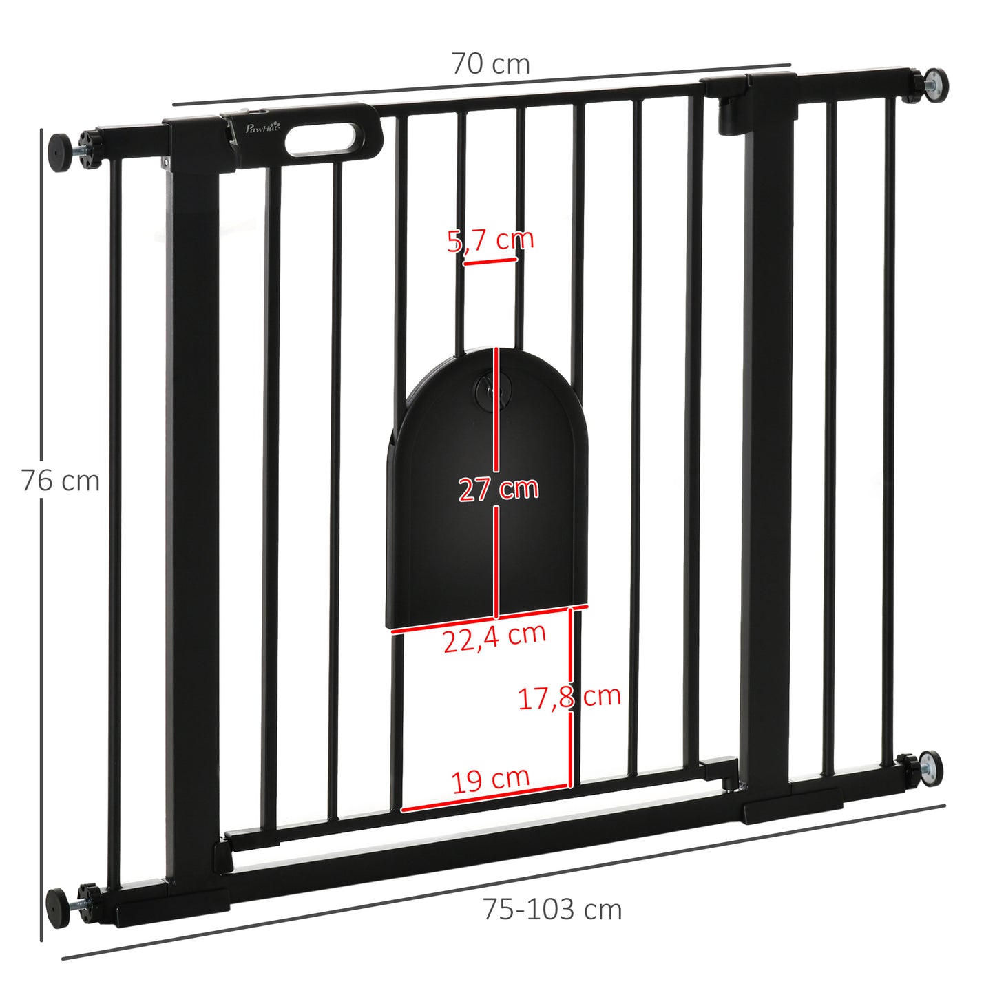 PawHut Barrera de Seguridad para Perros Mascotas 75-103 cm para Escaleras y Puertas con 2 Extensiones Cierre Automático y Sistema de Doble Bloqueo Negro