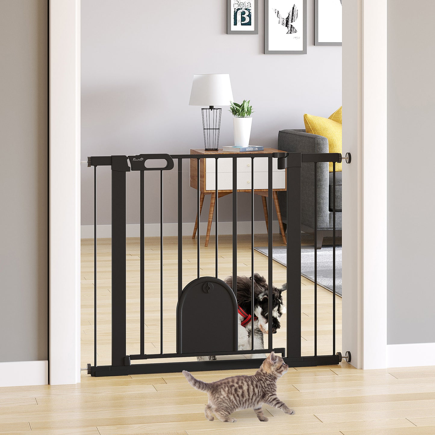 PawHut Barrera de Seguridad para Perros Mascotas 75-103 cm para Escaleras y Puertas con 2 Extensiones Cierre Automático y Sistema de Doble Bloqueo Negro