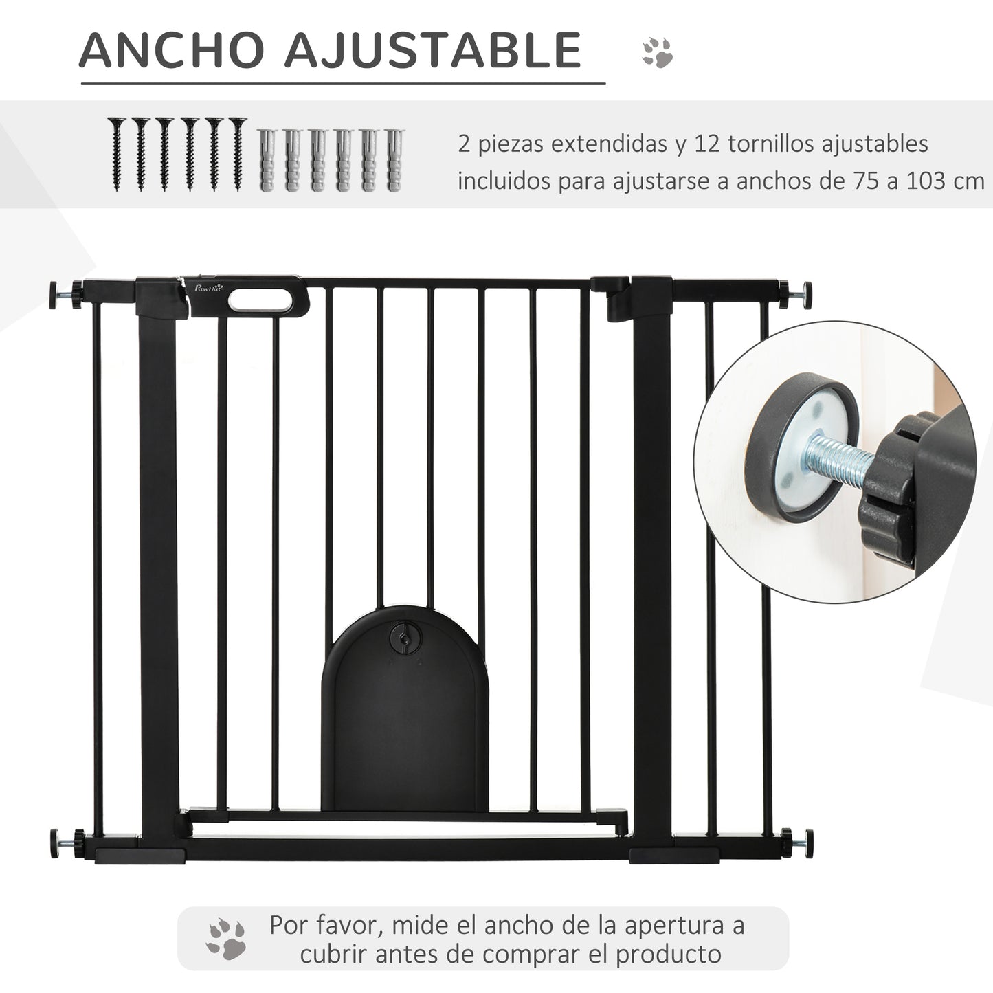 PawHut Barrera de Seguridad para Perros Mascotas 75-103 cm para Escaleras y Puertas con 2 Extensiones Cierre Automático y Sistema de Doble Bloqueo Negro