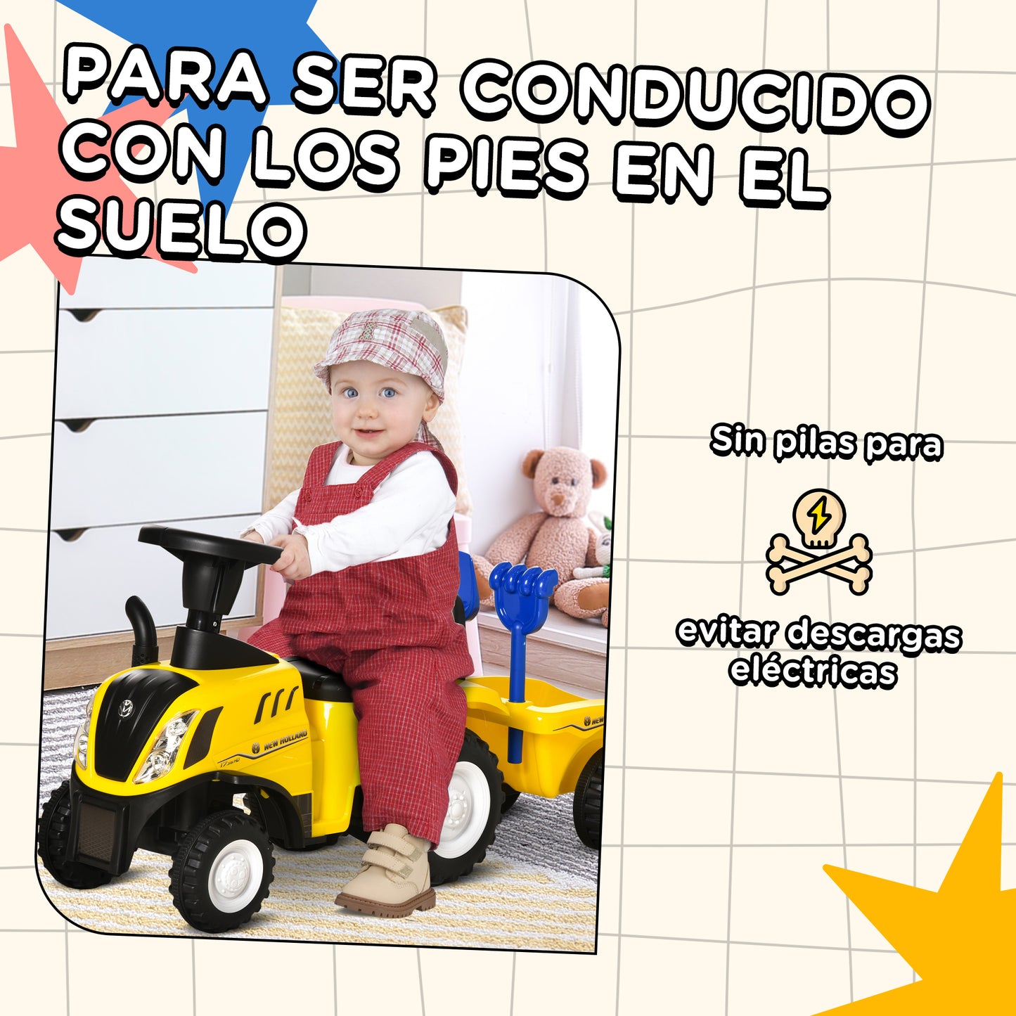 HOMCOM Tractor sin Pedales para Niños de 12-36 Meses con Remolque Extraíble Coche Correpasillos con Bocina Faros Pala Asiento de Suelo 25 cm y Rastrillo Carga 25 kg 91x29x44 cm Amarillo