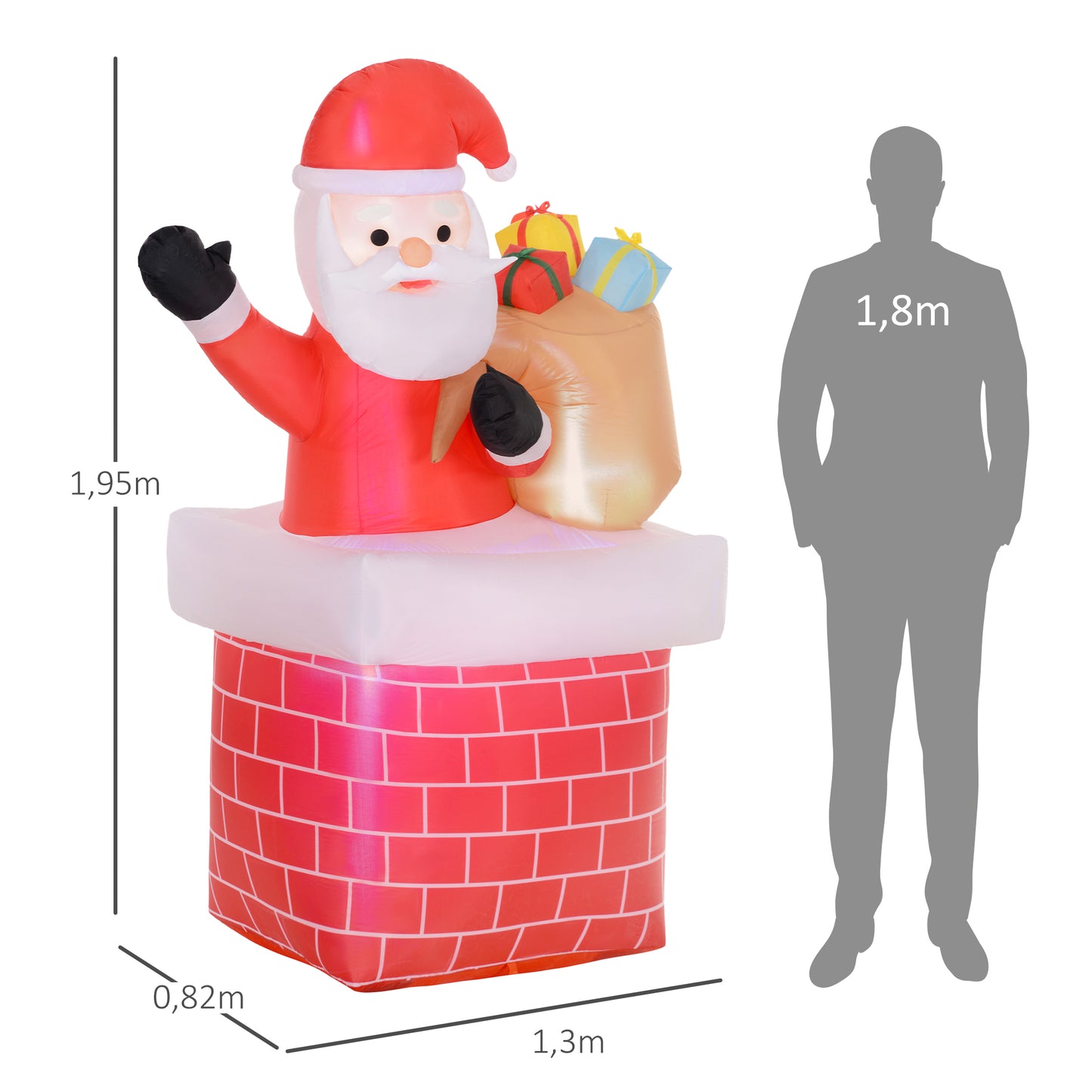 Outsunny Papá Noel Inflable con Bolsa de Regalos Saliendo de una Chimenea Decoración Inflable Navideña con Luces LED para Exterior Rojo