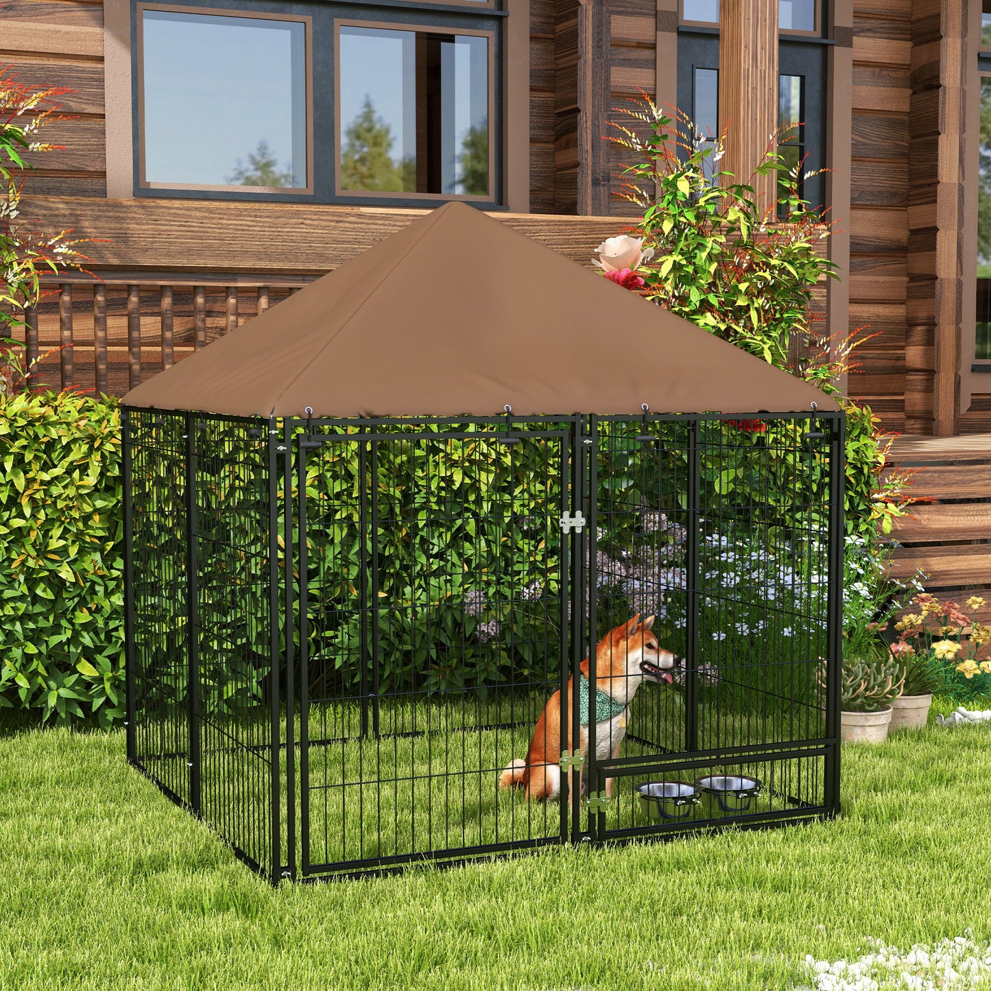 PawHut Perrera con Toldo Parque para Perros Metálica de Exterior con Soporte Giratorio para Comida 2 Cuencos para Patio Jardín Terraza 141x141x151 cm Negro