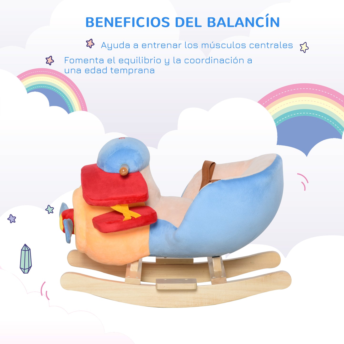 HOMCOM Caballo Balancín para Niños de +18 Meses Avión de Peluche con Música y Cinturón Seguridad Caballito Infantil 60x33x45 cm Multicolor