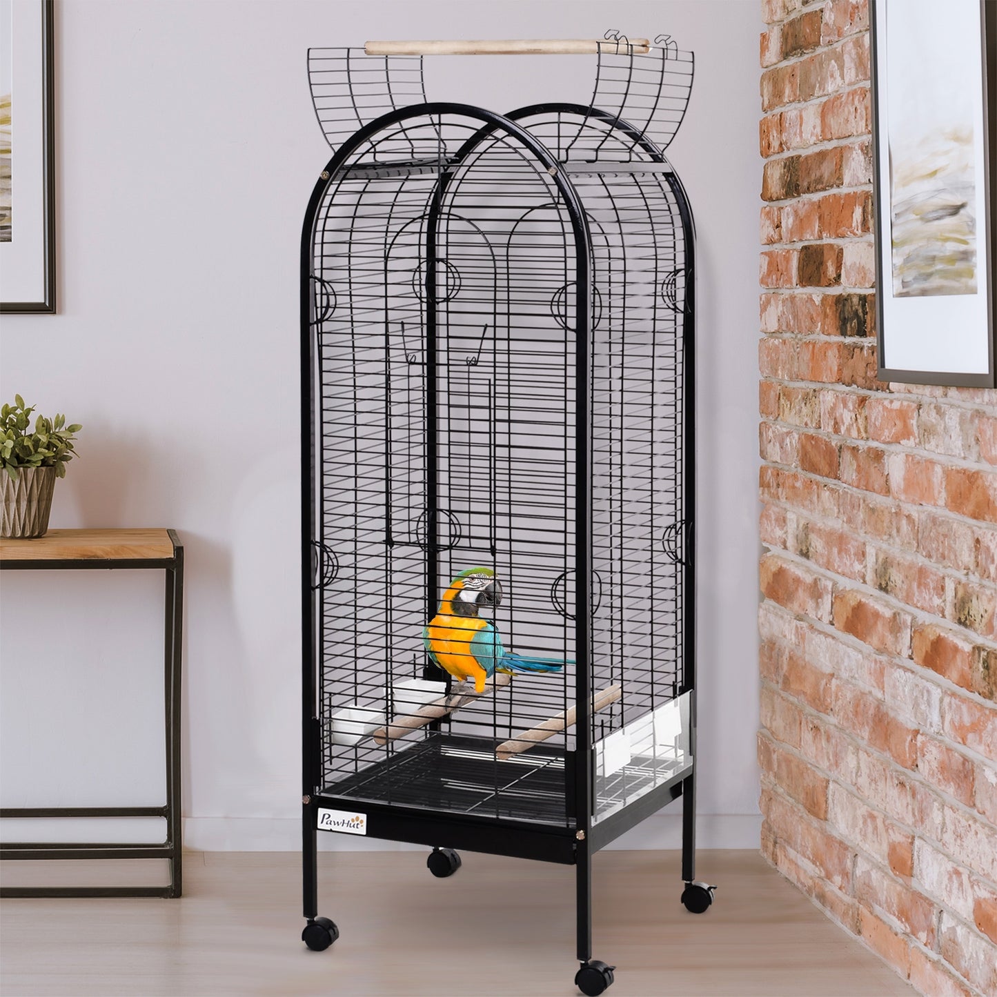 PawHut Jaula para Pájaro Metálica con 3 Perchas de Madera Extraíbles Espaciosa para Loros Canarios Cotorra Papagayo con 4 Ruedas 54x54x151 cm Negro