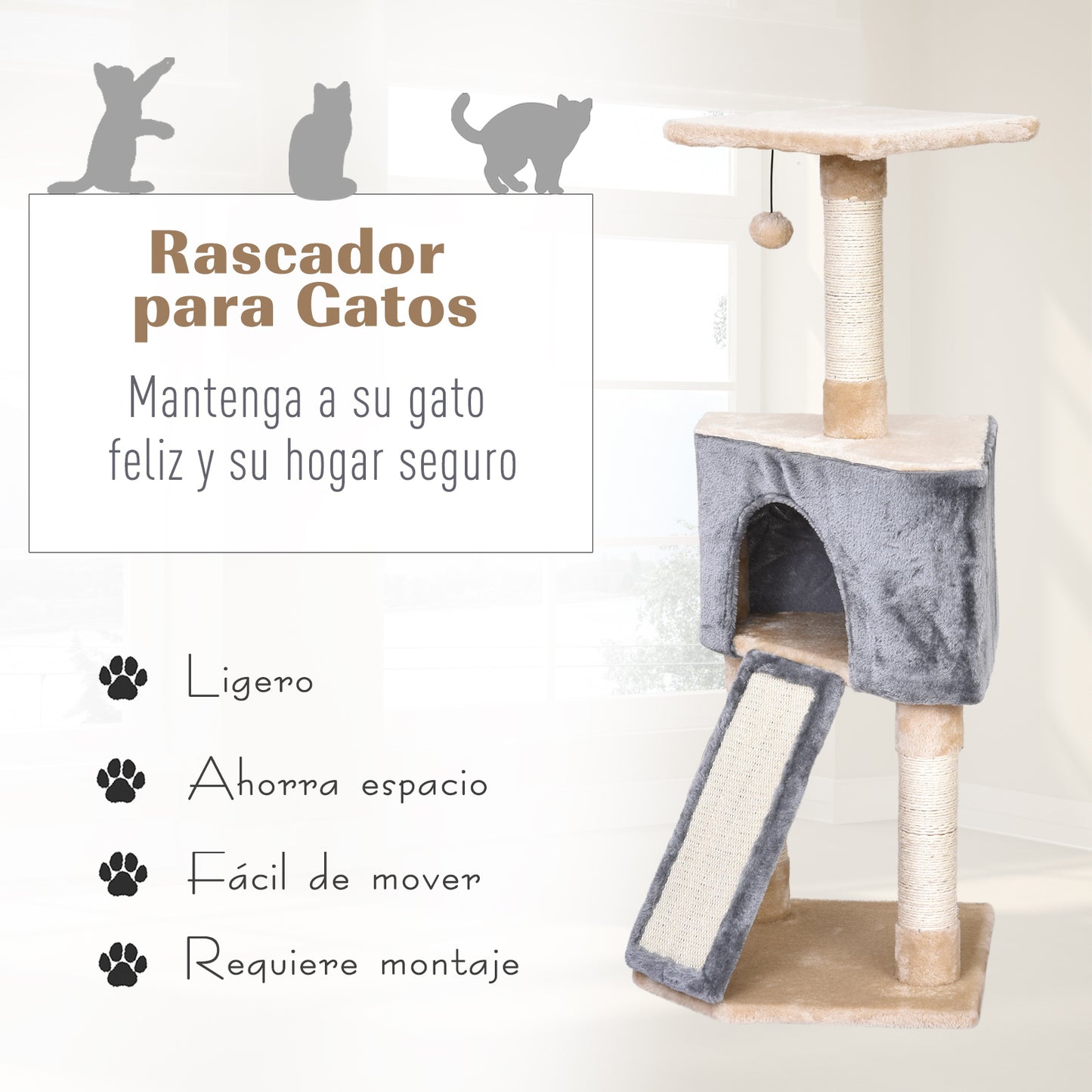 PawHut Árbol Rascador para Gatos 40x40x98 cm con Cueva Juguete Colgante Rampa Rascador y Postes Rascadores Cuerda de Sisal Gris y Beige