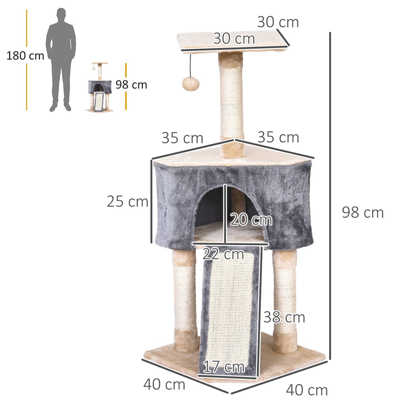 PawHut Árbol Rascador para Gatos 40x40x98 cm con Cueva Juguete Colgante Rampa Rascador y Postes Rascadores Cuerda de Sisal Gris y Beige