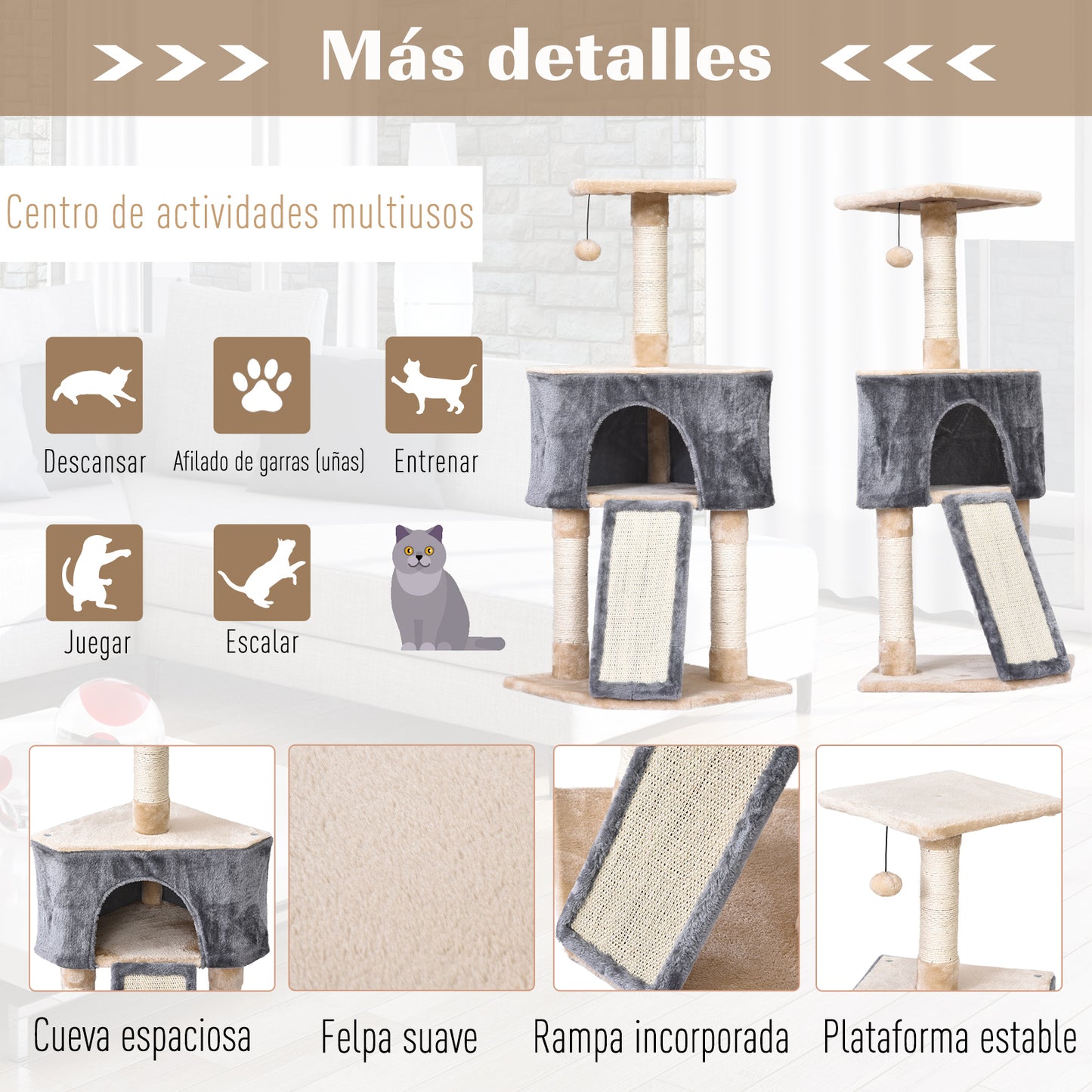 PawHut Árbol Rascador para Gatos 40x40x98 cm con Cueva Juguete Colgante Rampa Rascador y Postes Rascadores Cuerda de Sisal Gris y Beige