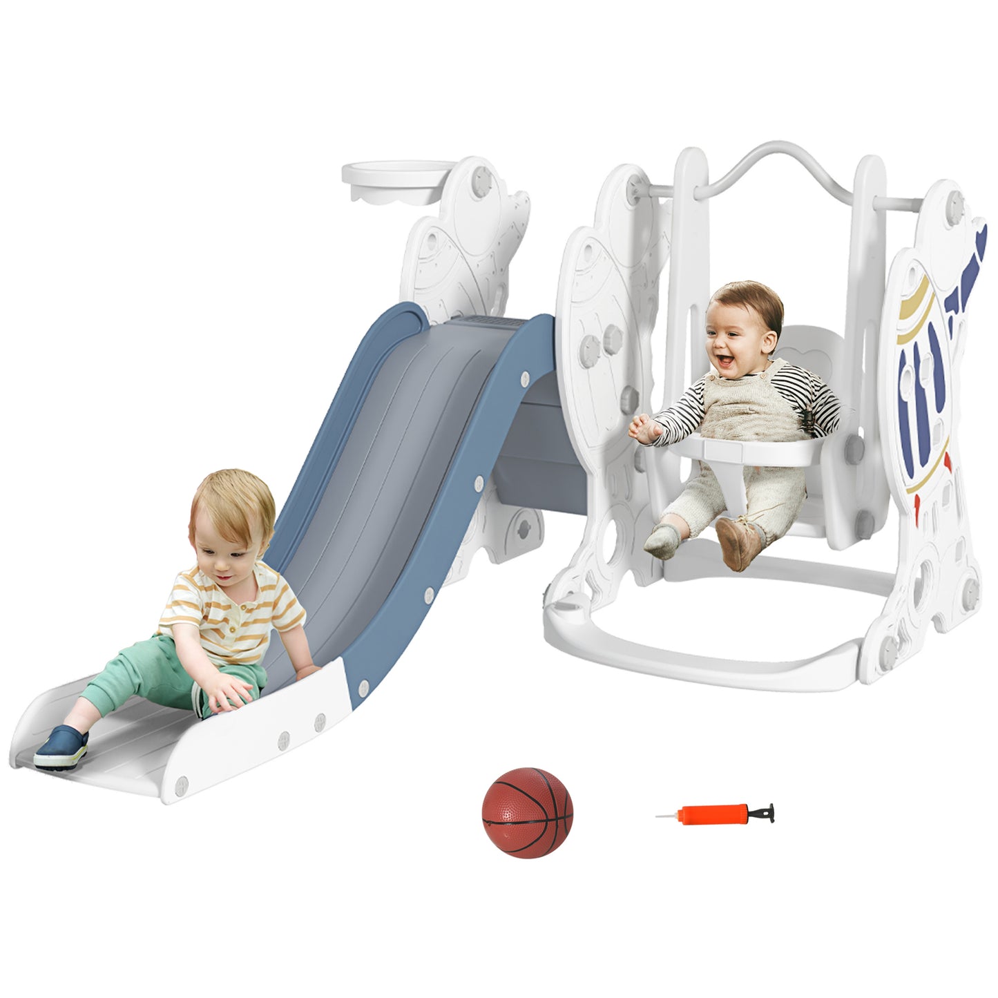 AIYAPLAY Juego de Tobogán y Columpio para Niños 3 en 1 Columpio para Niños de 18-48 Meses Tobogán para Bebés con Aro de Baloncesto Carga 30 kg 150x185x92 cm Blanco y Azul