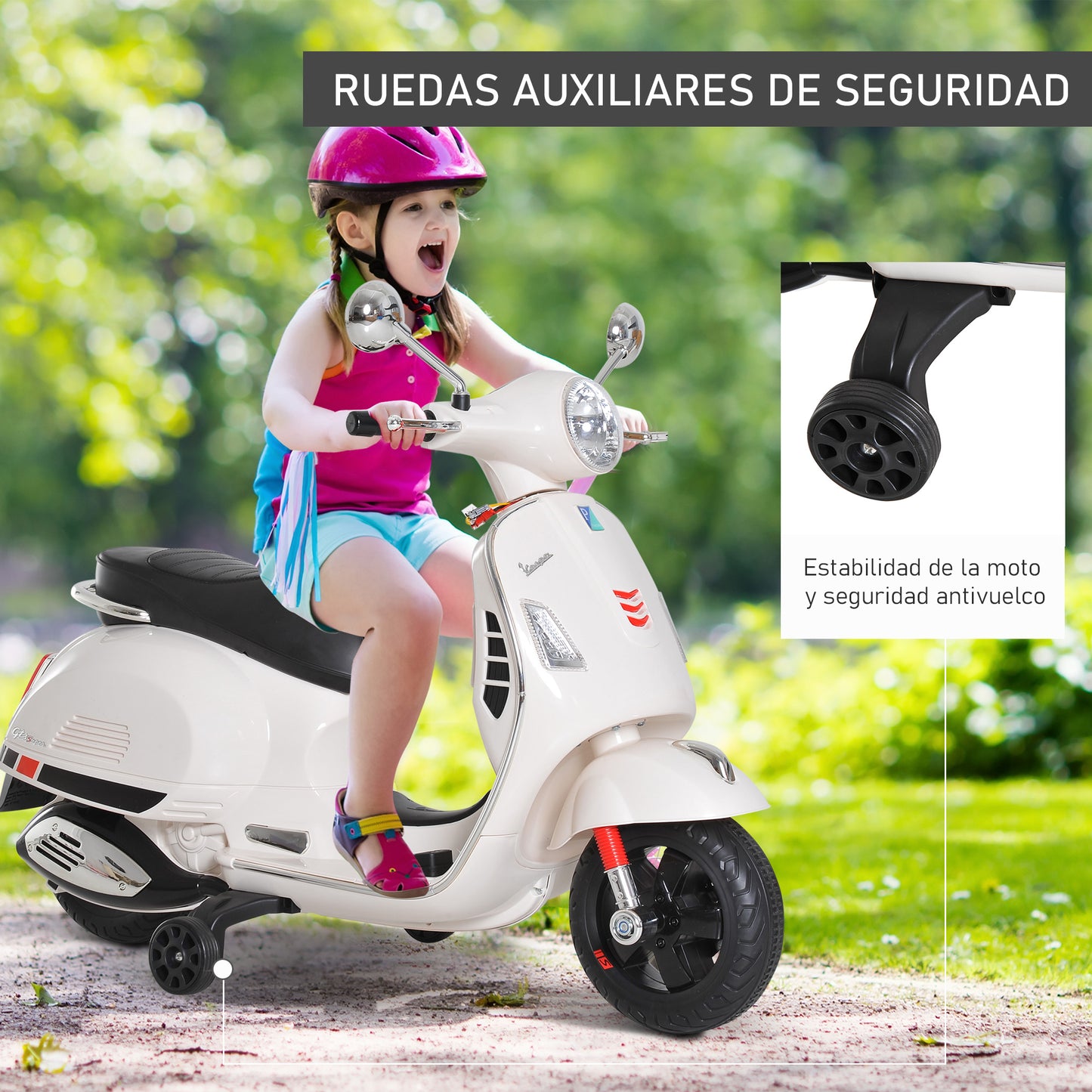 HOMCOM Moto Eléctrica para Niños de 3-6 Años con Licencia VESPA Moto de Batería para Niños con Música Velocidad 2-3 km/h y Bocina Carga 25 kg Blanco