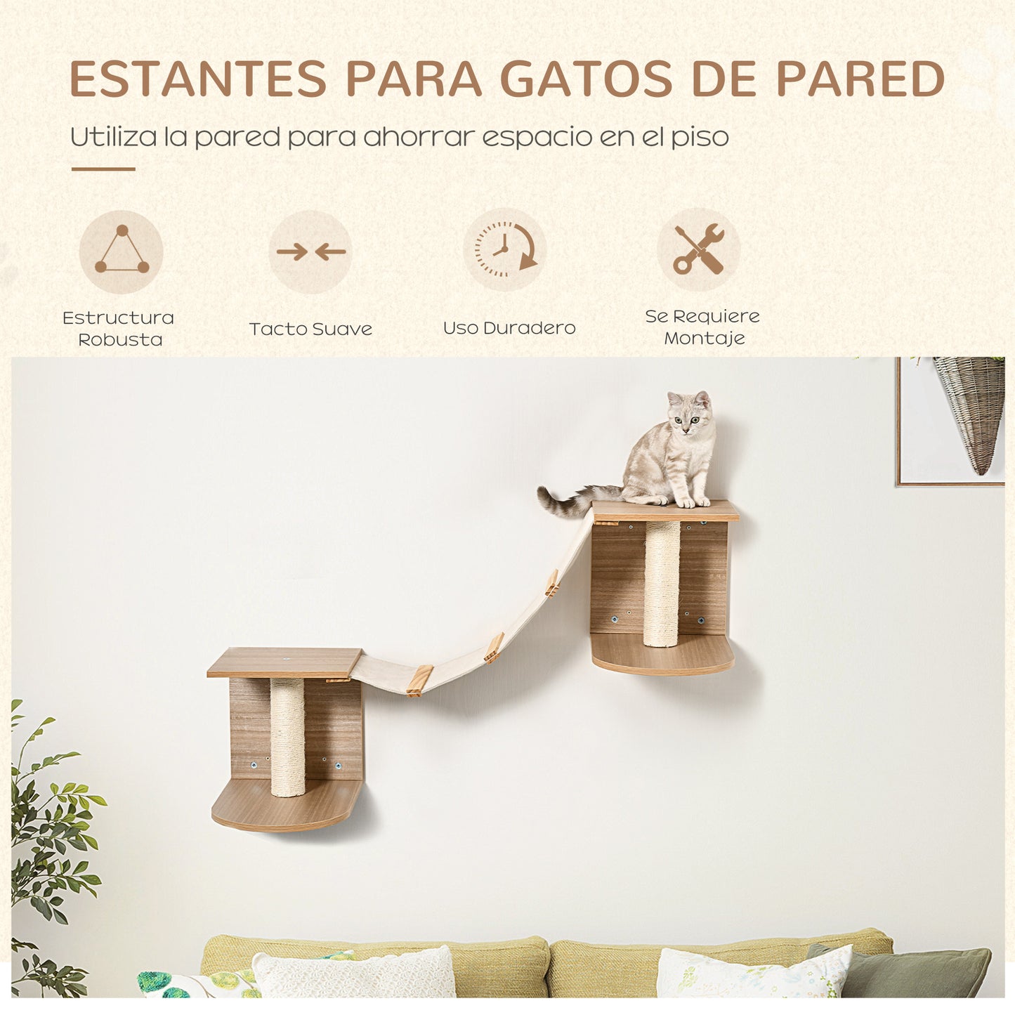 PawHut Estantes de Pared Gatos Escaleras de Tela para Gatos con Plataformas y Postes Rascadores de Sisal Centro de Actividades de Escalada 129x40x31,5 cm Marrón Claro