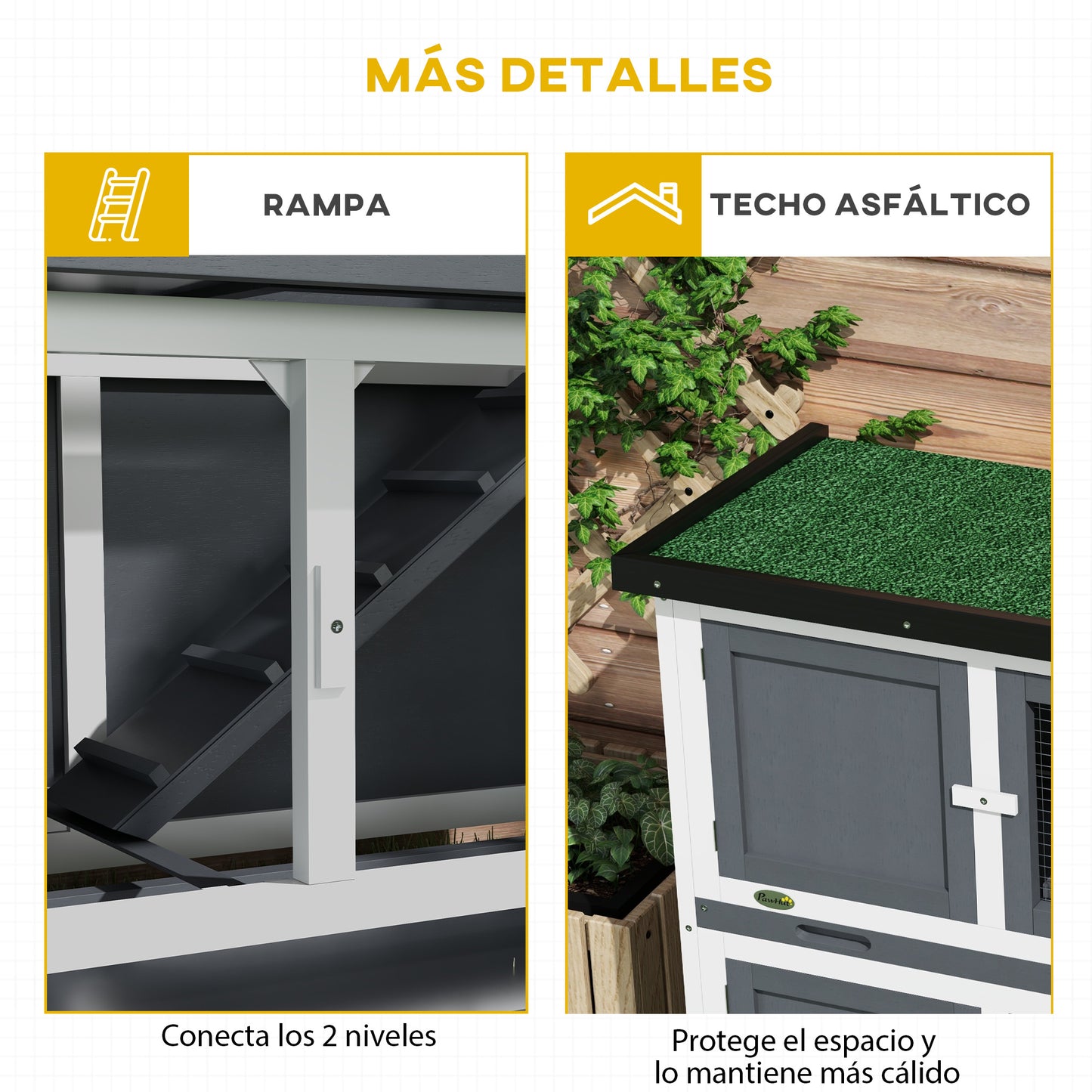 PawHut Conejera de Madera Jaula para Conejos de 2 Pisos 97x44x91 cm con Techo Asfáltico Puertas con Pestillo Bandejas Extraíbles y Rampa para 2 Conejos Gris