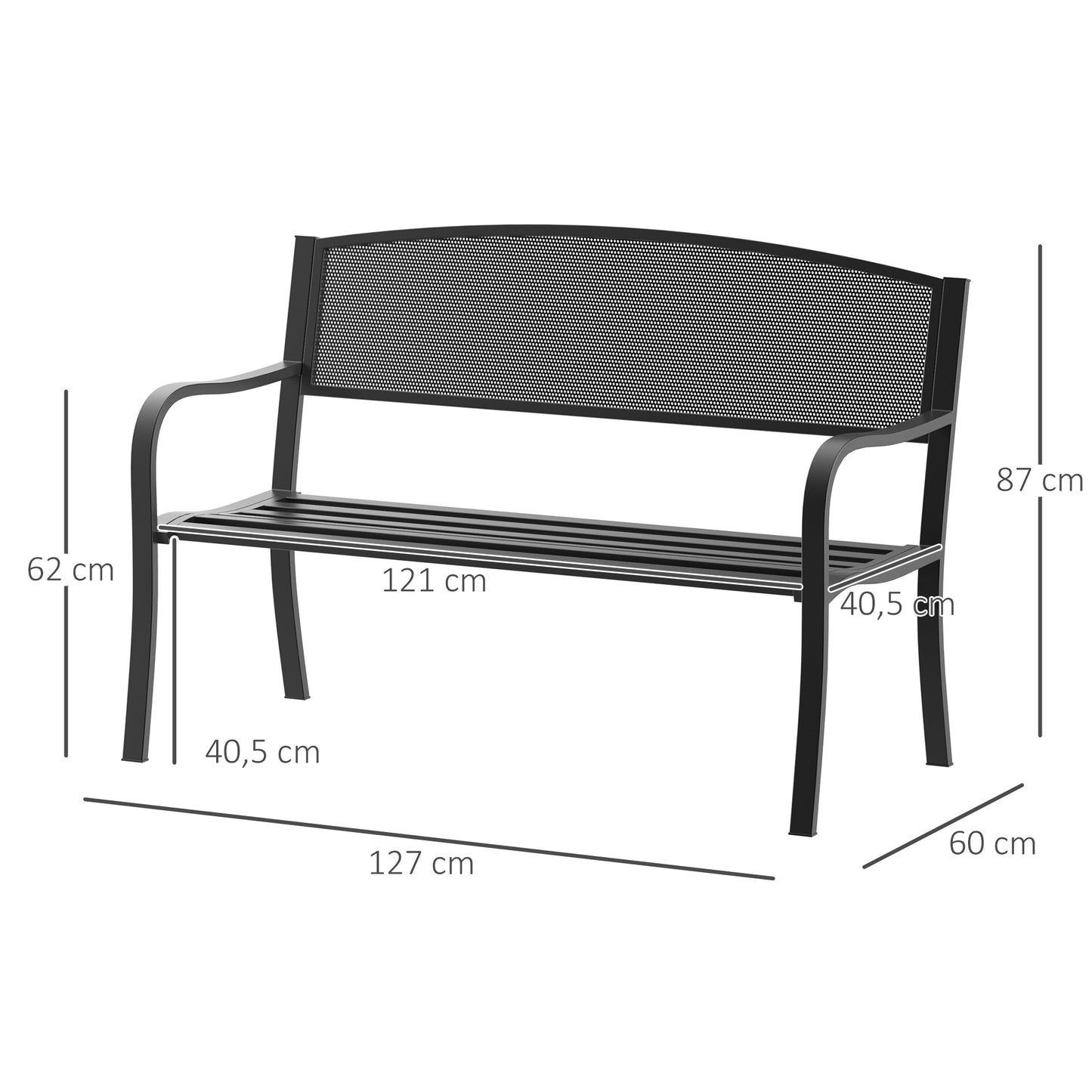 Outsunny Banco de Jardín de 2 Plazas Banco Exterior con Respaldo de Malla de Acero Carga 240 kg para Patio Terraza Balcón 127x60x87 cm Negro