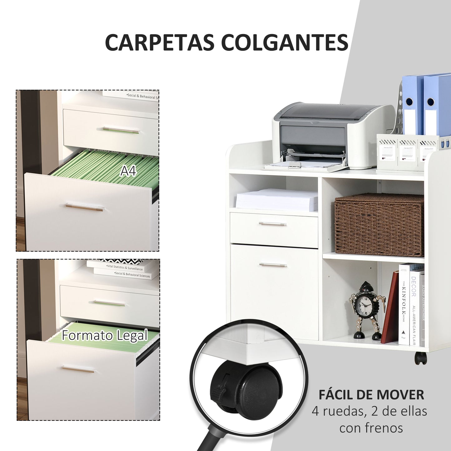 Vinsetto Mueble de Impresora Carro Multifuncional de Oficina con 3 Compartimentos 2 Cajones para Archivos Estante Ajustable Ruedas con 2 Frenos 80x40x72 cm Blanco