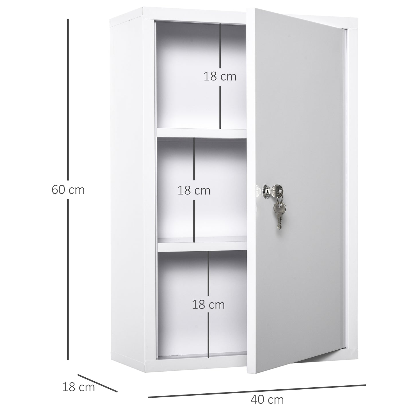 kleankin Armario Botiquín de Pared Botiquín de Emergencia de Metal con 3 Estantes de Almacenaje y Cerradura con 2 Llaves para Baño Cocina 40x18x60 cm Blanco