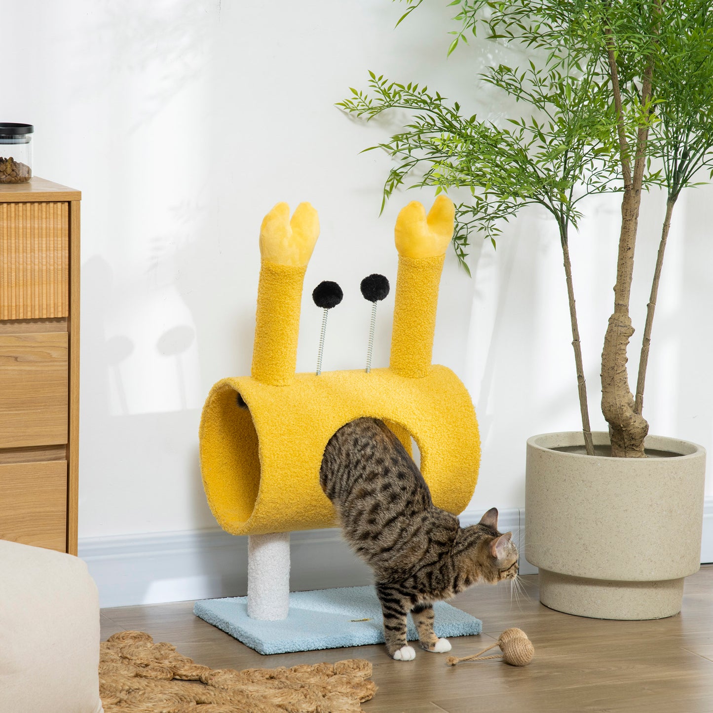 PawHut Árbol Rascador para Gatos Túnel para Gatos Altura 72 cm Postes con Forma de Cangrejo Torre para Gatos con Orificio y Bolas Divertidas 40x29x72 cm Amarillo