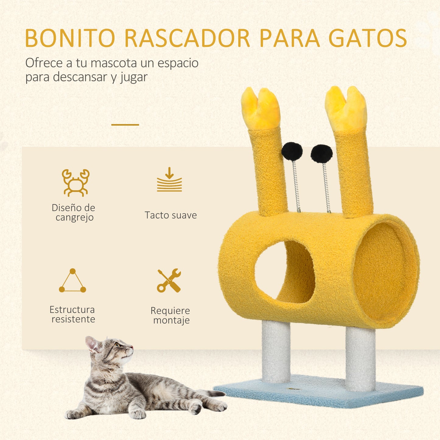 PawHut Árbol Rascador para Gatos Túnel para Gatos Altura 72 cm Postes con Forma de Cangrejo Torre para Gatos con Orificio y Bolas Divertidas 40x29x72 cm Amarillo