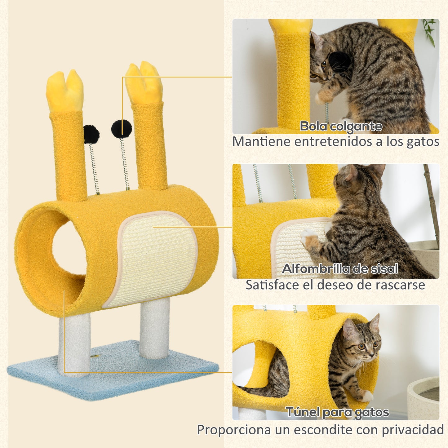 PawHut Árbol Rascador para Gatos Túnel para Gatos Altura 72 cm Postes con Forma de Cangrejo Torre para Gatos con Orificio y Bolas Divertidas 40x29x72 cm Amarillo