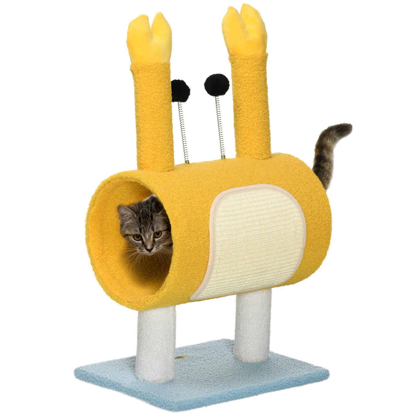 PawHut Árbol Rascador para Gatos Túnel para Gatos Altura 72 cm Postes con Forma de Cangrejo Torre para Gatos con Orificio y Bolas Divertidas 40x29x72 cm Amarillo