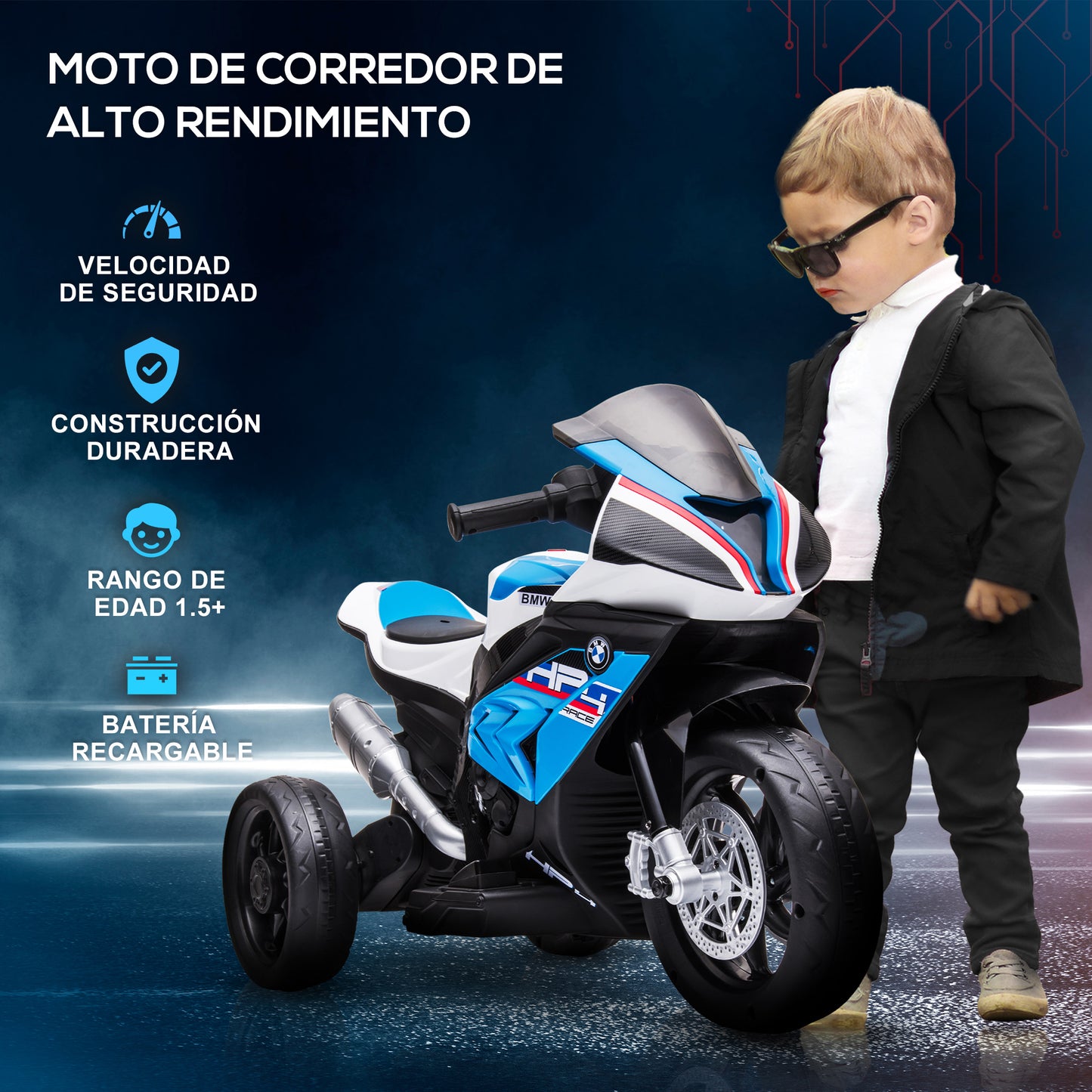 HOMCOM Moto Eléctrica BMW HP4 para Niños de +18 Meses Motocicleta de Batería 6V con Música USB Velocidad 2,5 km/h Avance y Retroceso Carga 30 kg 82,5x42x54 cm Azul