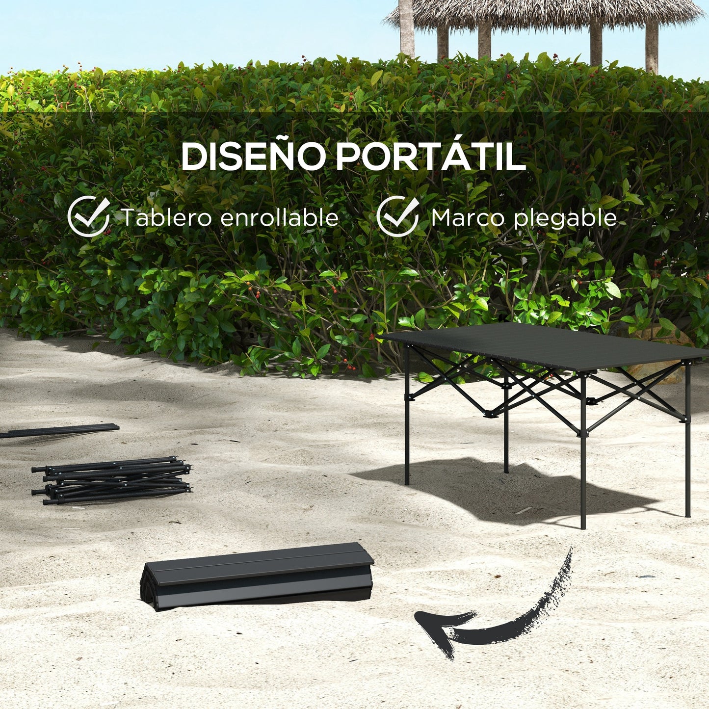 Outsunny Mesa de Camping Plegable de Metal con Tapa Enrollable y Bolsa de Transporte Mesa de Picnic Portátil para Acampar Senderismo Playa Barbacoa 95x55x50 cm Negro