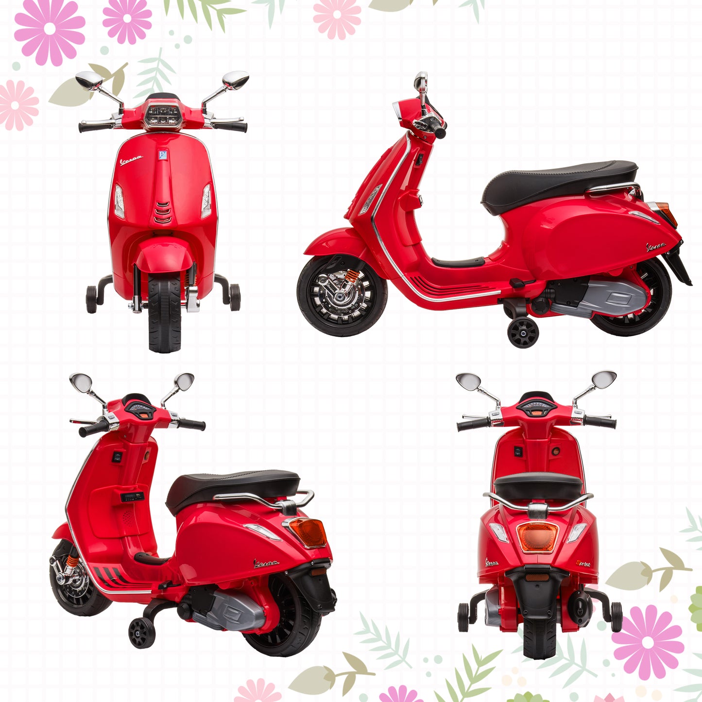 AIYAPLAY Moto Eléctrica para Niños de +3 Años con Licencia Vespa Moto de Batería para Niños 6V con USB MP3 Luz LED Radio FM Moto para Niños con Velocidad 3 km/h Carga 35 kg Rojo