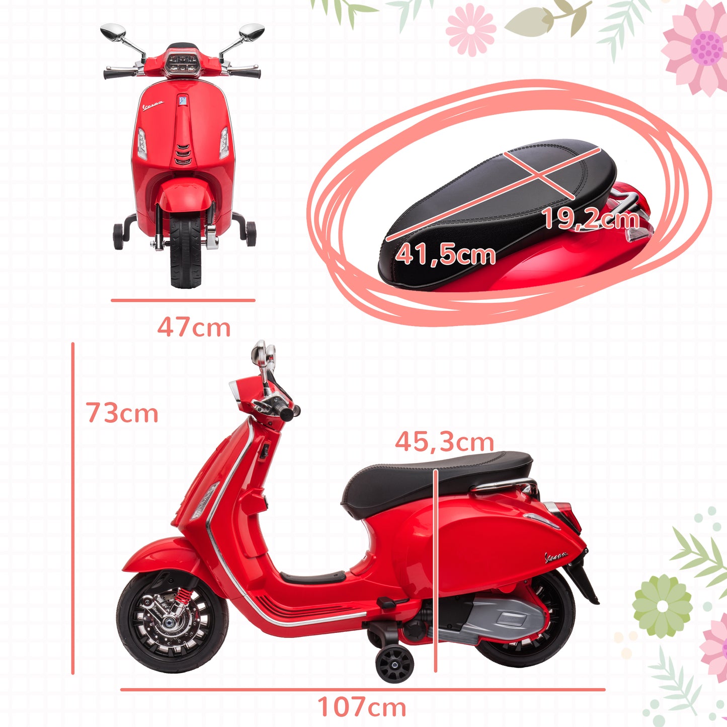 AIYAPLAY Moto Eléctrica para Niños de +3 Años con Licencia Vespa Moto de Batería para Niños 6V con USB MP3 Luz LED Radio FM Moto para Niños con Velocidad 3 km/h Carga 35 kg Rojo