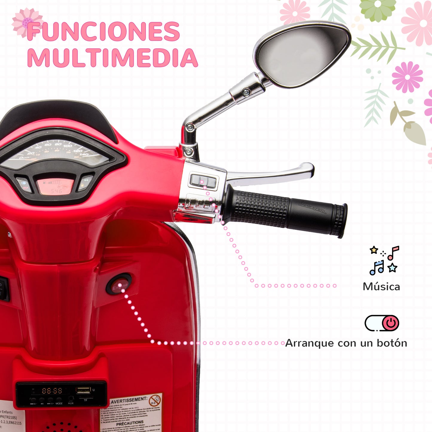 AIYAPLAY Moto Eléctrica para Niños de +3 Años con Licencia Vespa Moto de Batería para Niños 6V con USB MP3 Luz LED Radio FM Moto para Niños con Velocidad 3 km/h Carga 35 kg Rojo