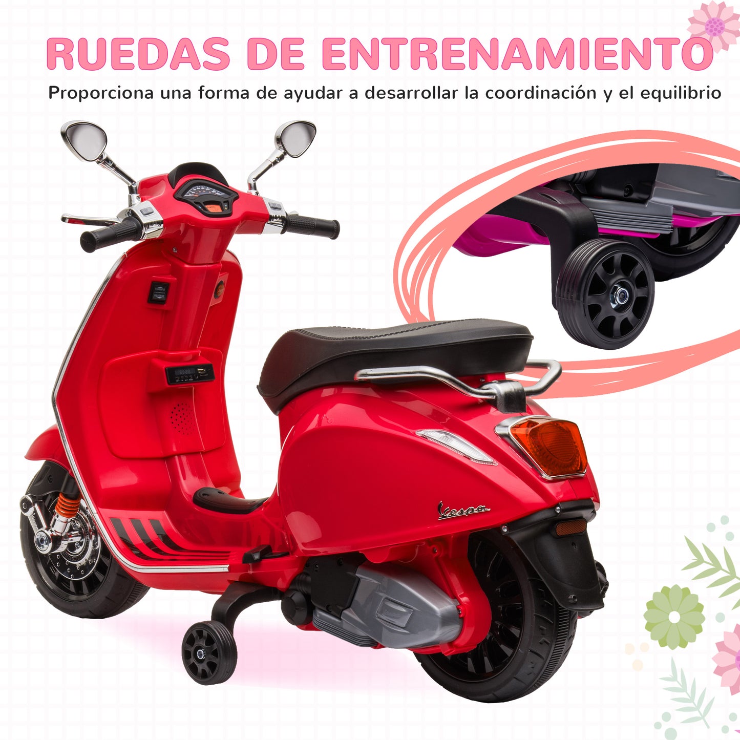 AIYAPLAY Moto Eléctrica para Niños de +3 Años con Licencia Vespa Moto de Batería para Niños 6V con USB MP3 Luz LED Radio FM Moto para Niños con Velocidad 3 km/h Carga 35 kg Rojo