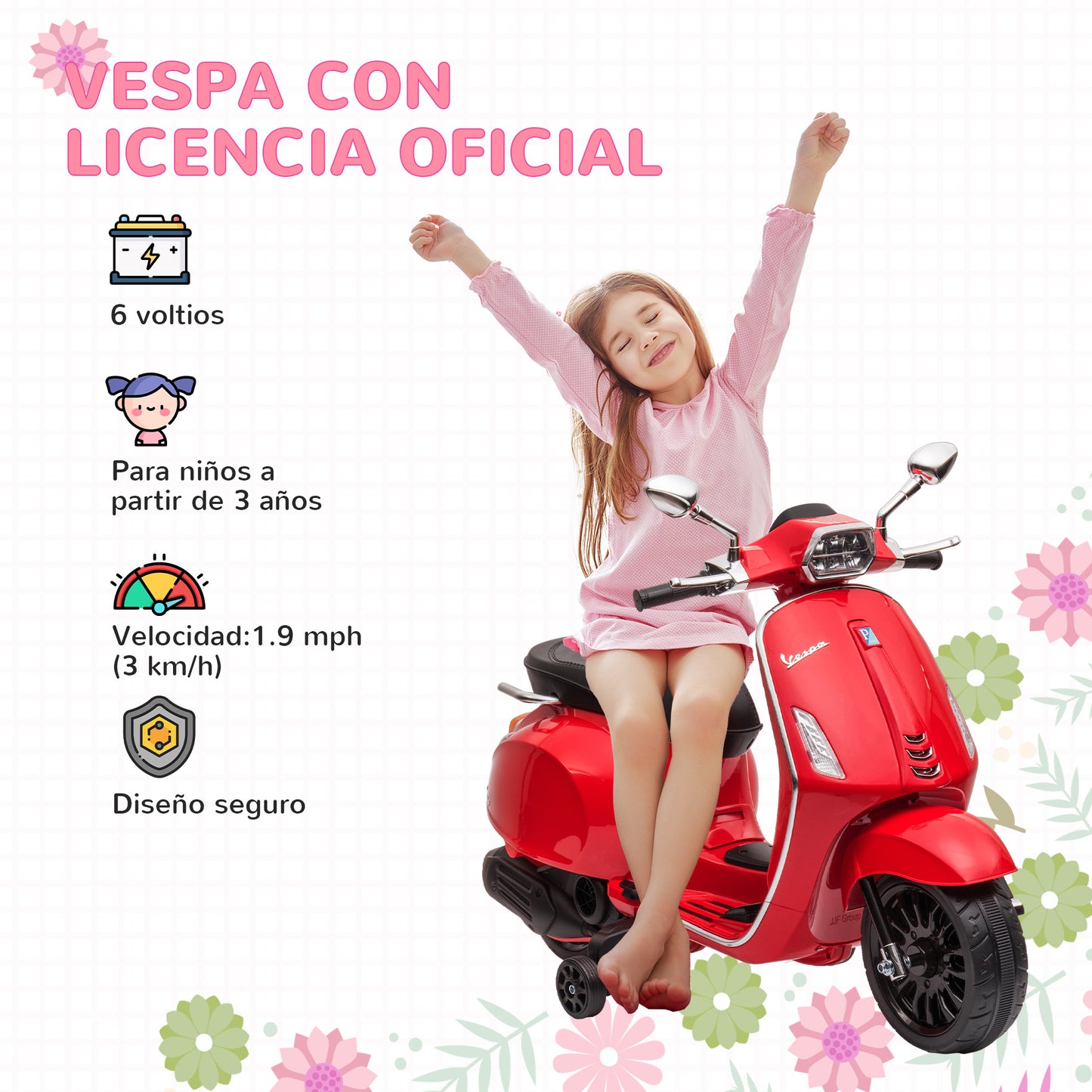 AIYAPLAY Moto Eléctrica para Niños de +3 Años con Licencia Vespa Moto de Batería para Niños 6V con USB MP3 Luz LED Radio FM Moto para Niños con Velocidad 3 km/h Carga 35 kg Rojo