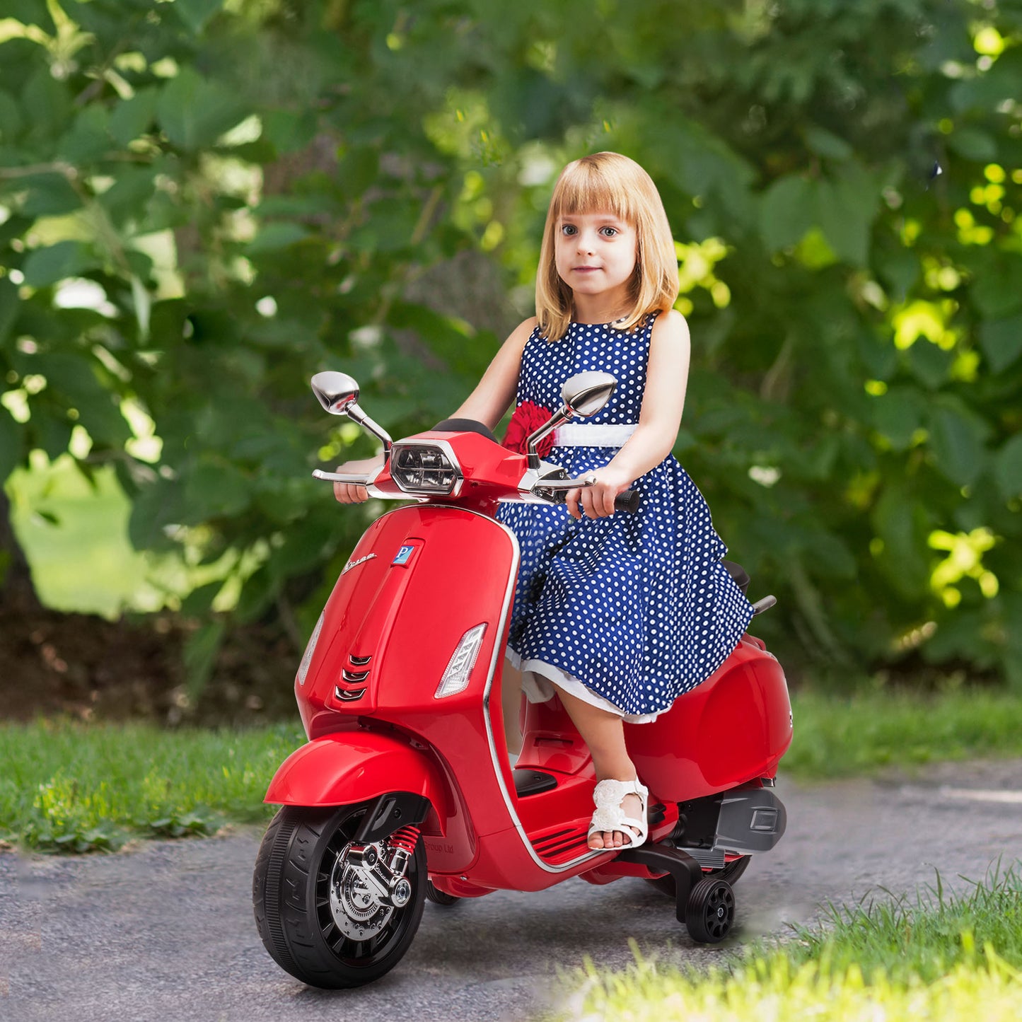 AIYAPLAY Moto Eléctrica para Niños de +3 Años con Licencia Vespa Moto de Batería para Niños 6V con USB MP3 Luz LED Radio FM Moto para Niños con Velocidad 3 km/h Carga 35 kg Rojo