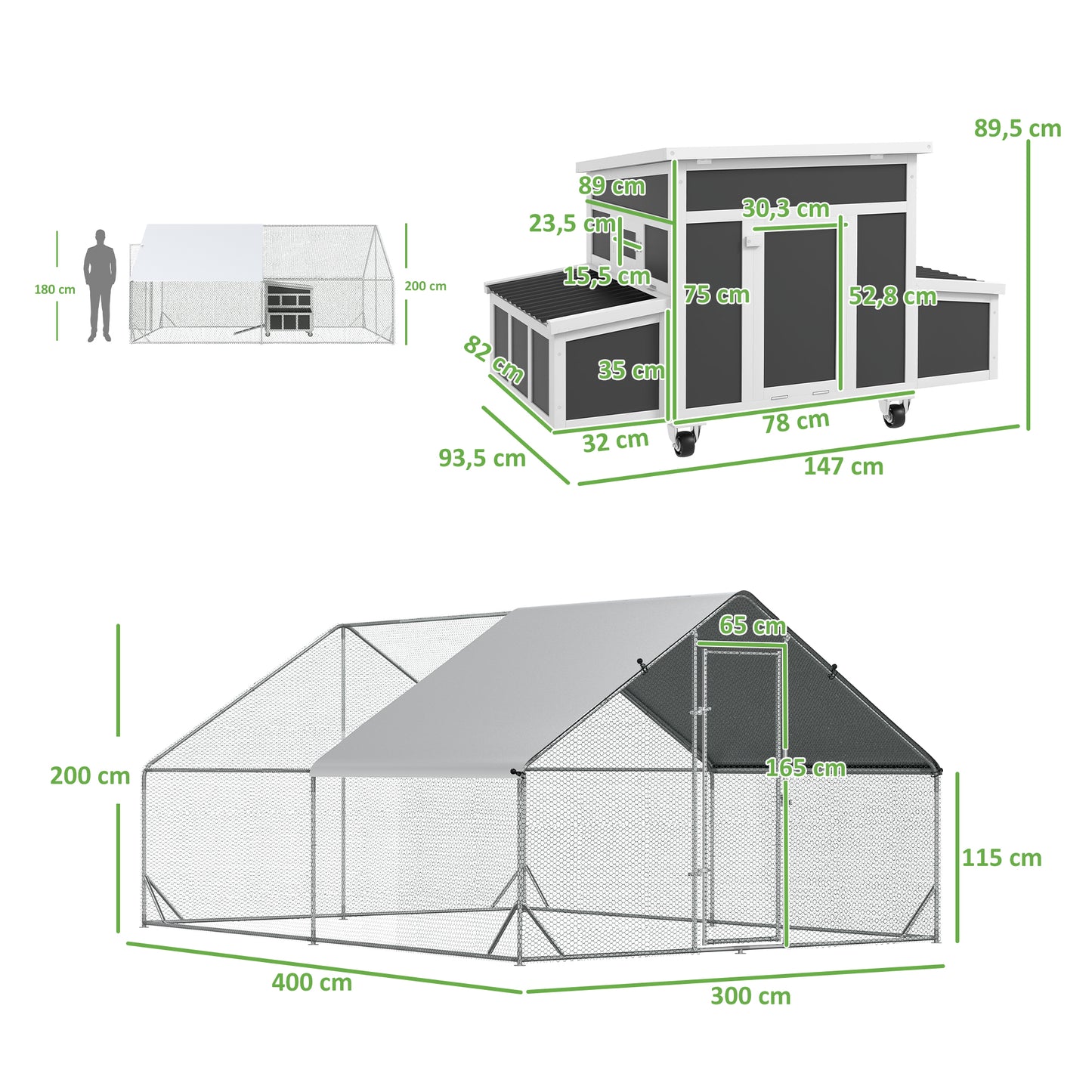 PawHut Conjunto de 1 Gallinero de Madera con Ventana Puerta Nido Bandeja Extraíble 147x93,5x89,5 cm y 1 Gallinero para Exterior Grande de Acero Galvanizado 3x4x2 m