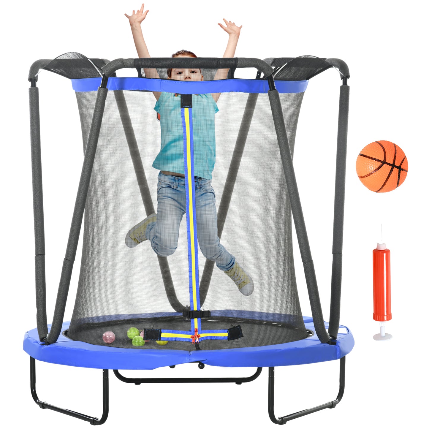 ZONEKIZ Cama Elástica Infantil Ø140 cm Trampolín para Niños de 3-10 Años con Red de Seguridad Baloncesto Aro de Baloncesto y 20 Bolas de Plástico para Interior Azul