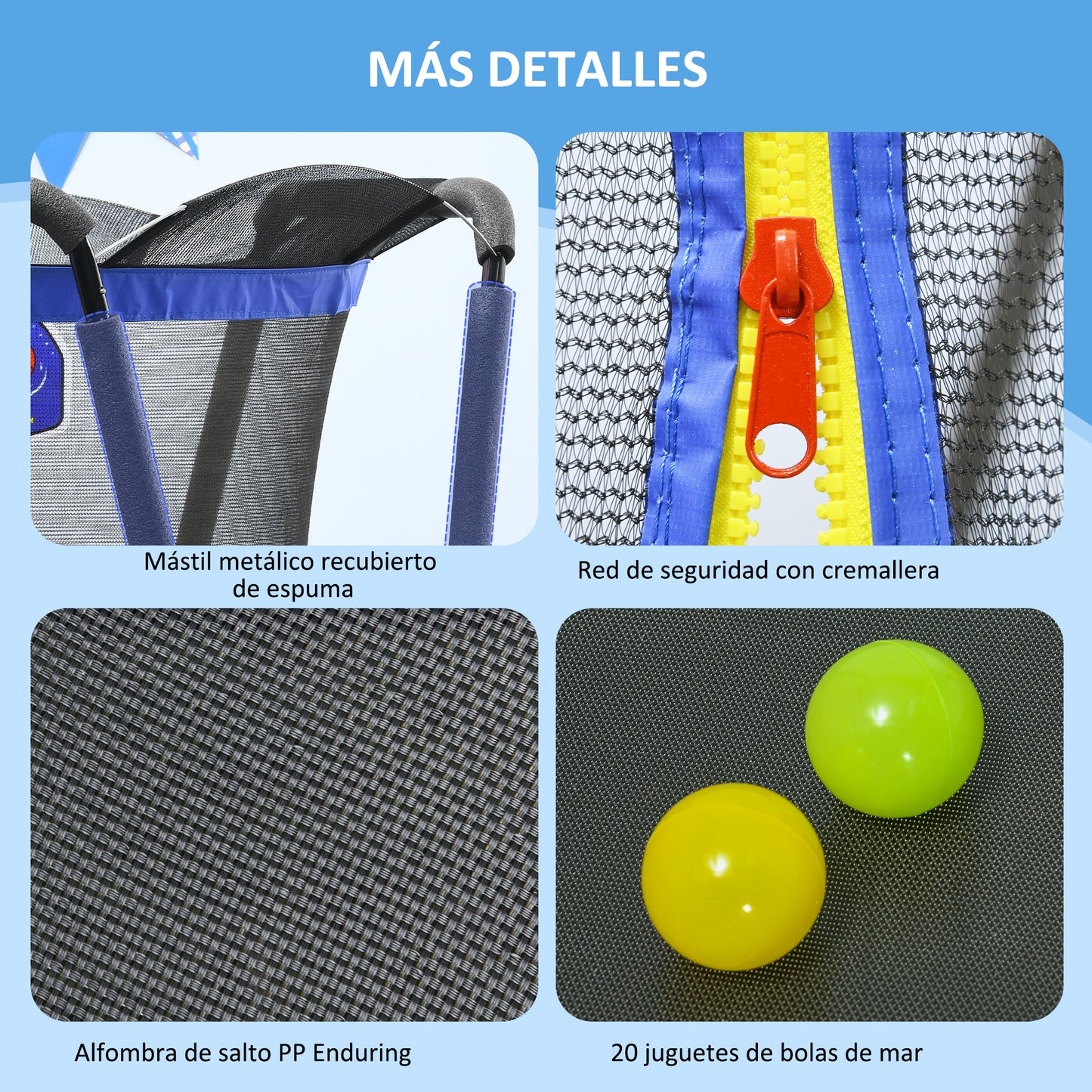 ZONEKIZ Cama Elástica Infantil Ø140 cm Trampolín para Niños de 3-10 Años con Red de Seguridad Baloncesto Aro de Baloncesto y 20 Bolas de Plástico para Interior Azul