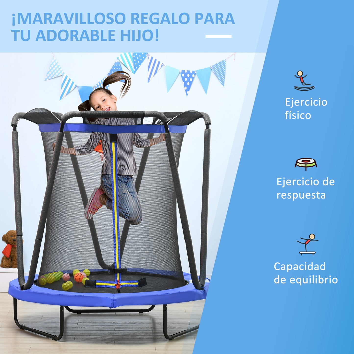 ZONEKIZ Cama Elástica Infantil Ø140 cm Trampolín para Niños de 3-10 Años con Red de Seguridad Baloncesto Aro de Baloncesto y 20 Bolas de Plástico para Interior Azul