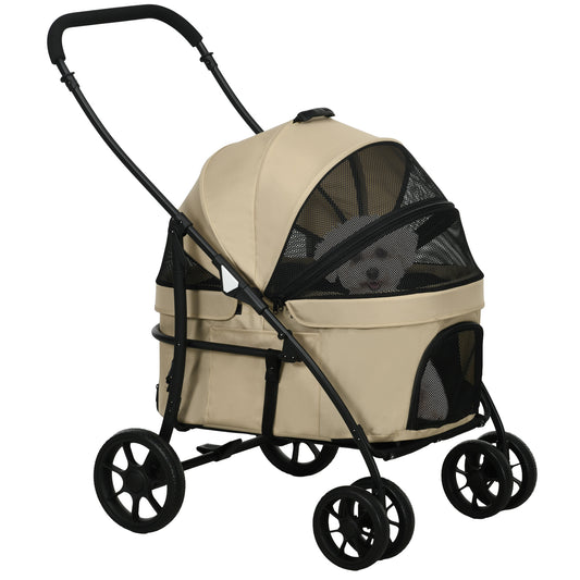 PawHut Carrito para Perros 2 en 1 Cochecito para Perros Pequeños Plegable Cochecito para Mascotas con 2 Correas de Seguridad 2 Bolsillos Laterales Cojín Lavable y Ruedas Universales Caqui