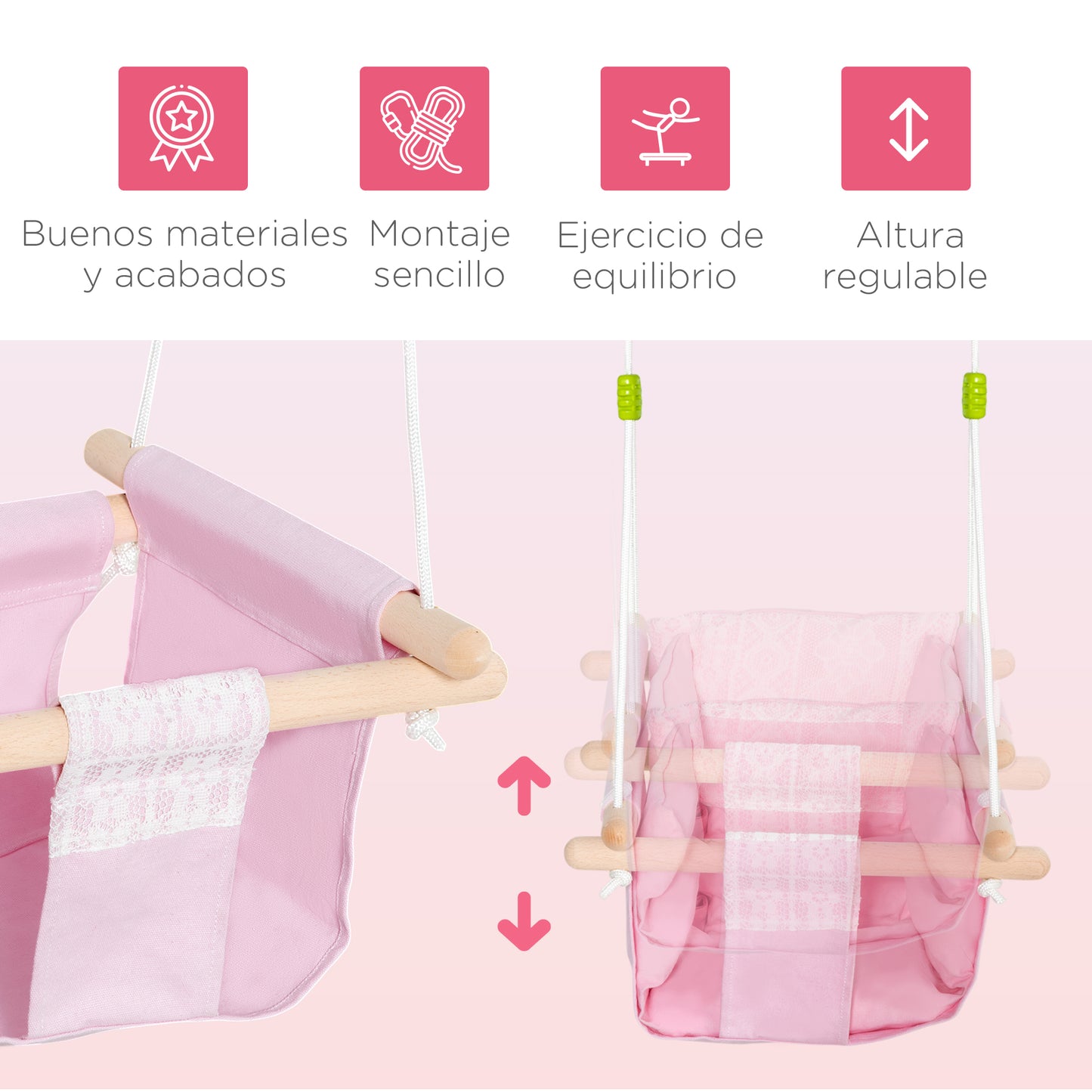 Outsunny Columpio para Bebé Altura Ajustable con Cinturón de Seguridad Interior y Exterior Carga Máx. 80 kg Madera 40x40x180 cm Rosa