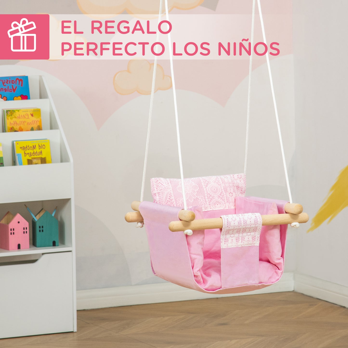 Outsunny Columpio para Bebé Altura Ajustable con Cinturón de Seguridad Interior y Exterior Carga Máx. 80 kg Madera 40x40x180 cm Rosa