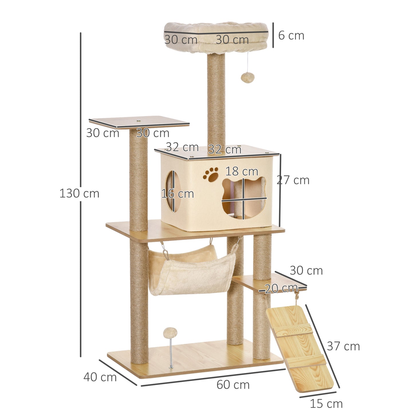 PawHut Árbol Rascador para Gatos Torre de Escalada con Plataformas Hamaca Escalera Cueva Postes para Rascar de Yute Bola Colgante Juego y Descanso 60x40x130 cm Beige