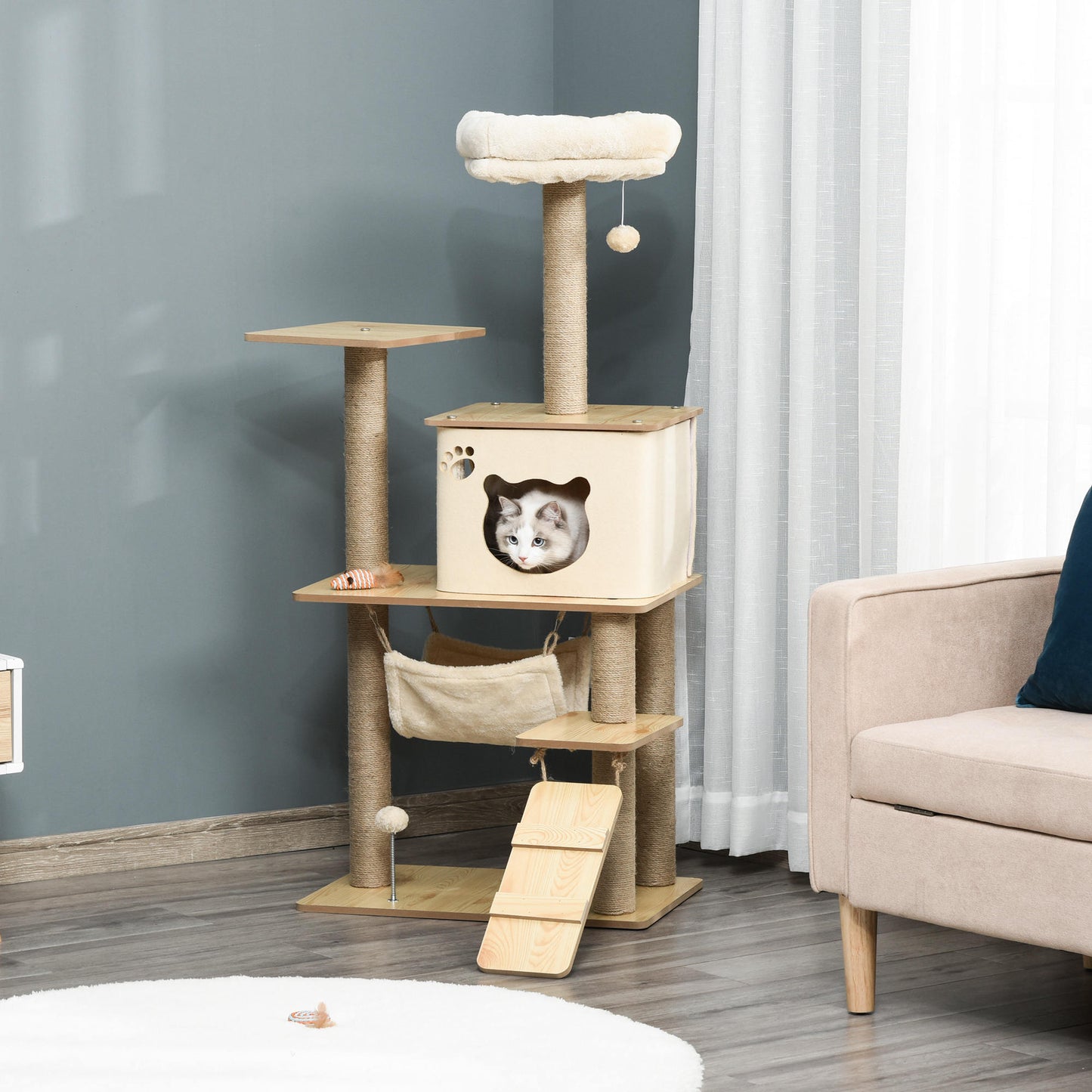 PawHut Árbol Rascador para Gatos Torre de Escalada con Plataformas Hamaca Escalera Cueva Postes para Rascar de Yute Bola Colgante Juego y Descanso 60x40x130 cm Beige