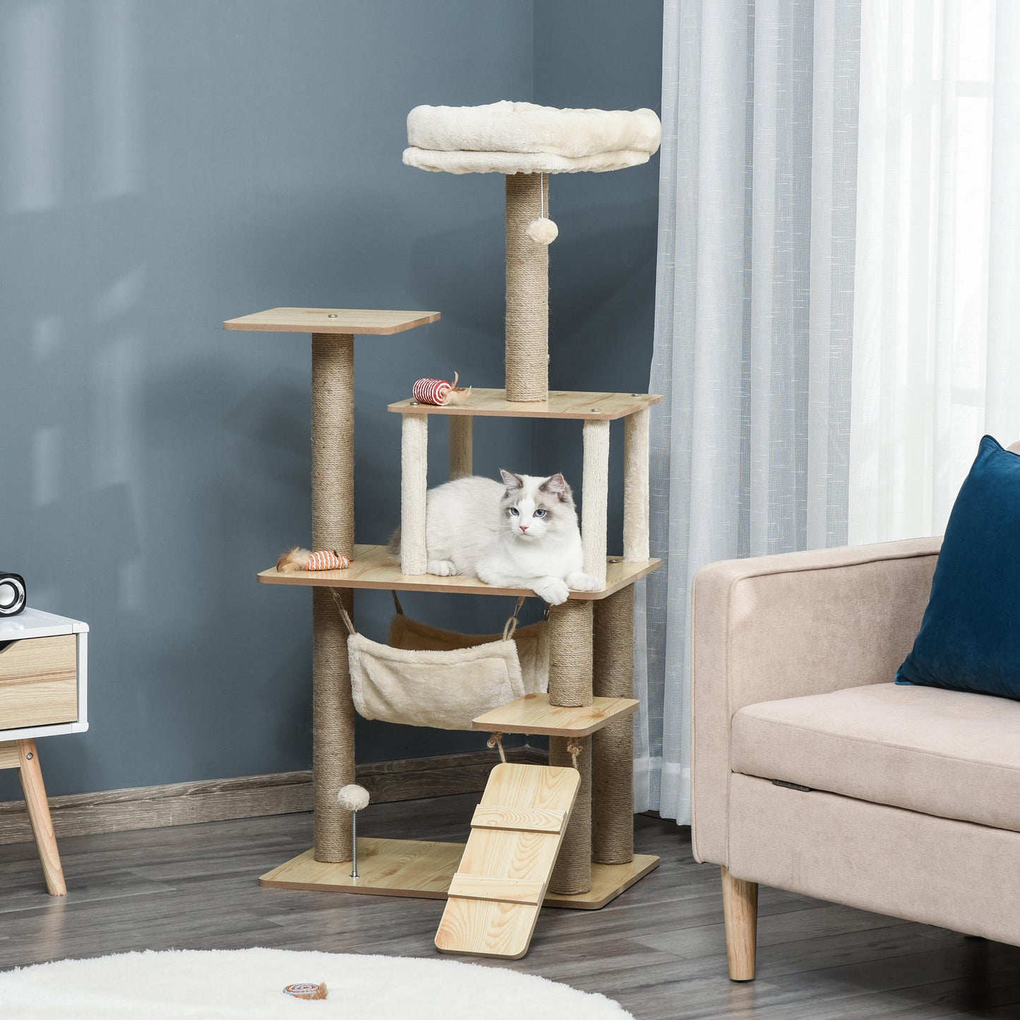 PawHut Árbol Rascador para Gatos Torre de Escalada con Plataformas Hamaca Escalera Cueva Postes para Rascar de Yute Bola Colgante Juego y Descanso 60x40x130 cm Beige