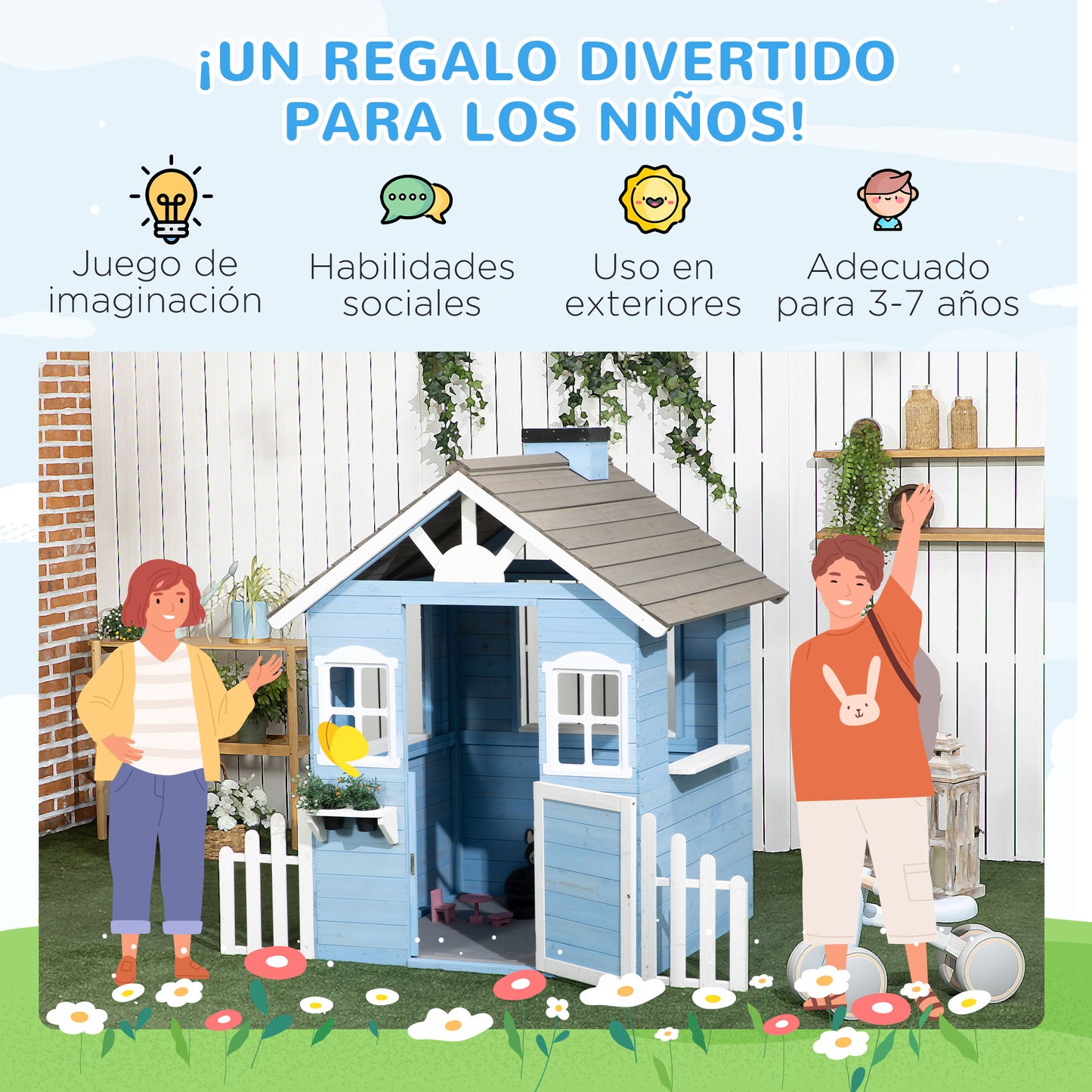 Outsunny Casita Infantil de Madera Casa de Juegos Exterior para Niños de 3-7 Años con Puerta Ventanas Macetas y Vallas Laterales 151x112,5x142 cm Azul