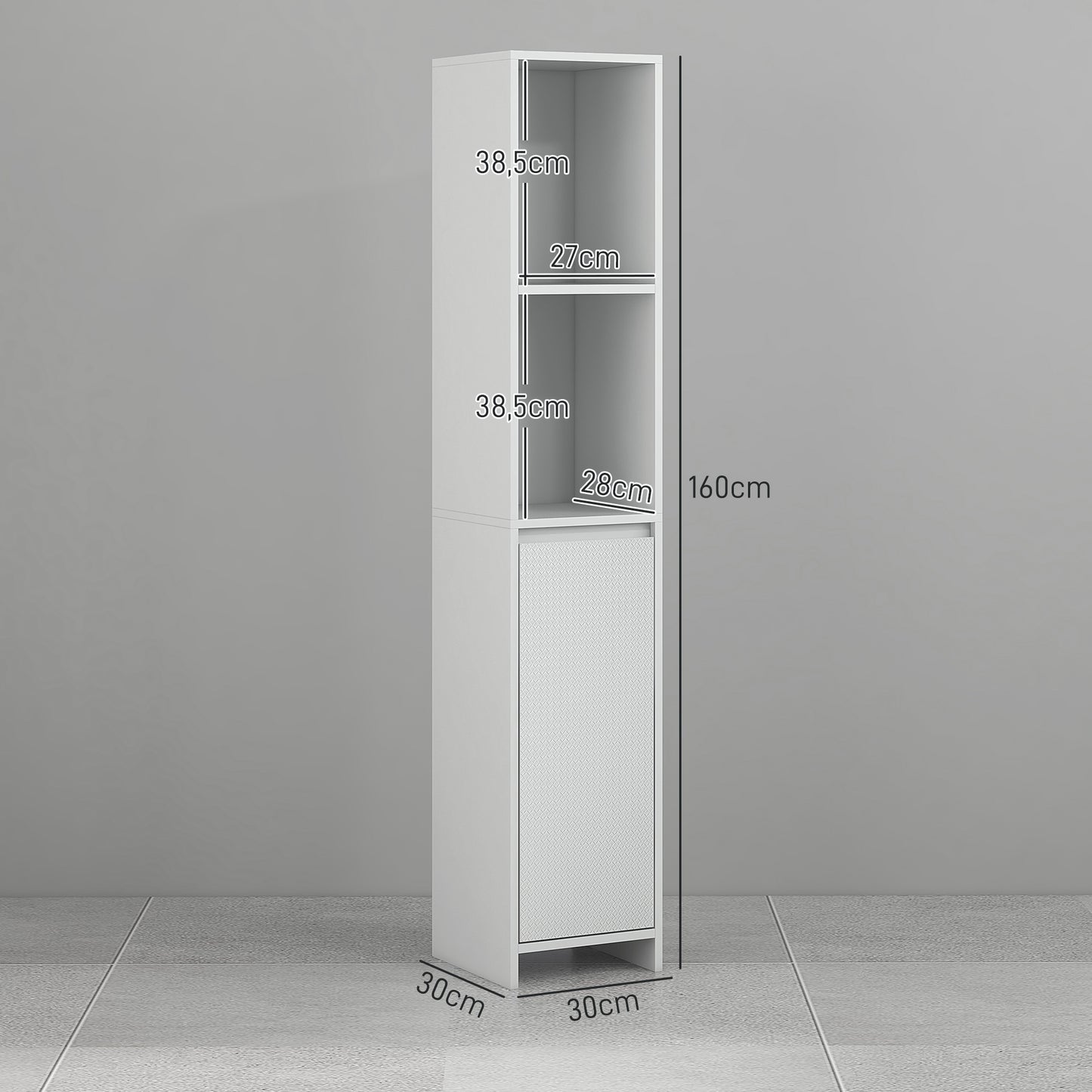 HOMCOM Armario Alto de Baño Columna Auxiliar de Baño Armario de Baño con Puerta 2 Estantes Abiertos Antivuelco Estilo Moderno 30x30x160 cm Blanco