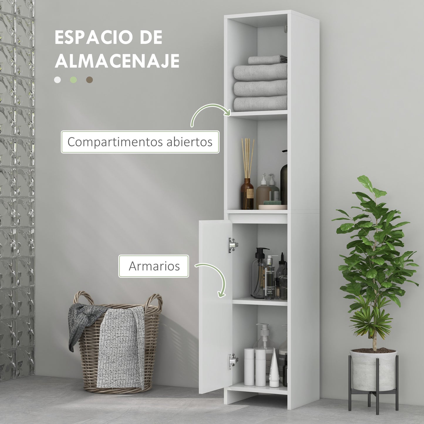 HOMCOM Armario Alto de Baño Columna Auxiliar de Baño Armario de Baño con Puerta 2 Estantes Abiertos Antivuelco Estilo Moderno 30x30x160 cm Blanco