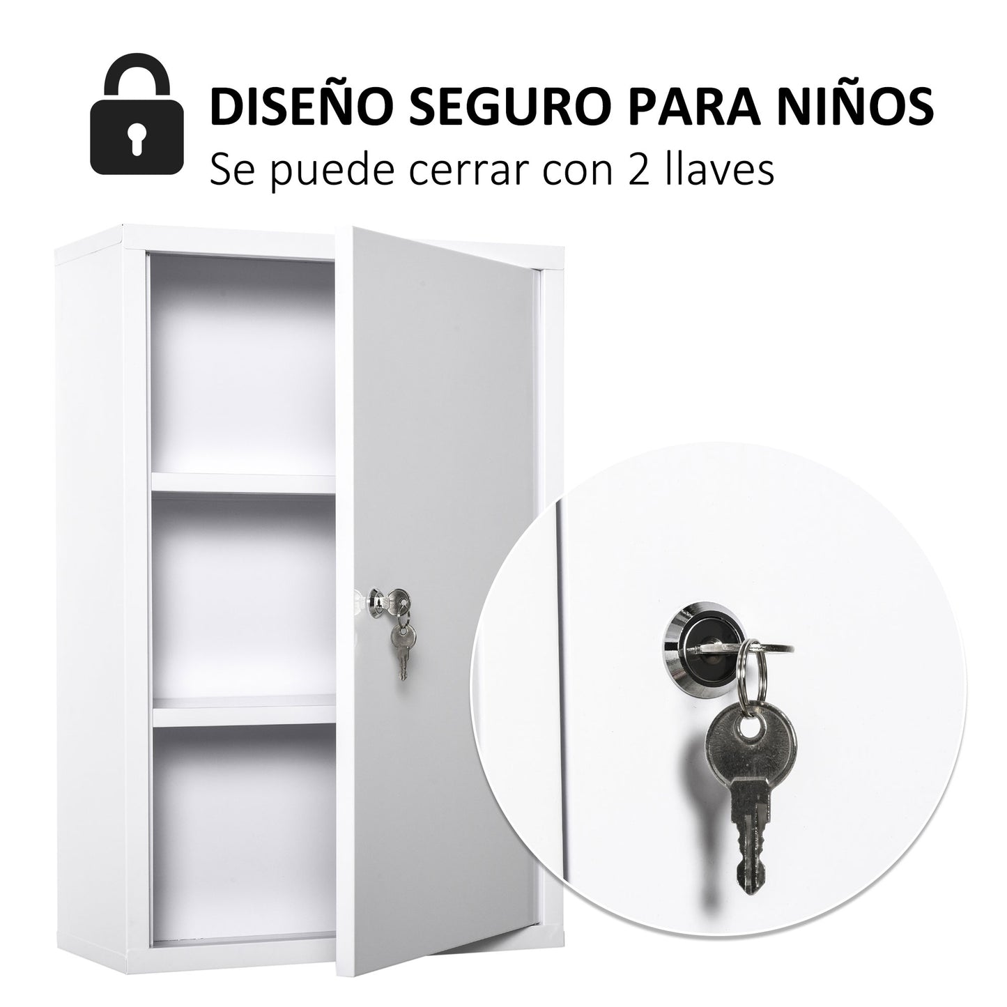 kleankin Armario Botiquín de Pared Botiquín de Emergencia de Metal con 3 Estantes de Almacenaje y Cerradura con 2 Llaves para Baño Cocina 40x18x60 cm Blanco