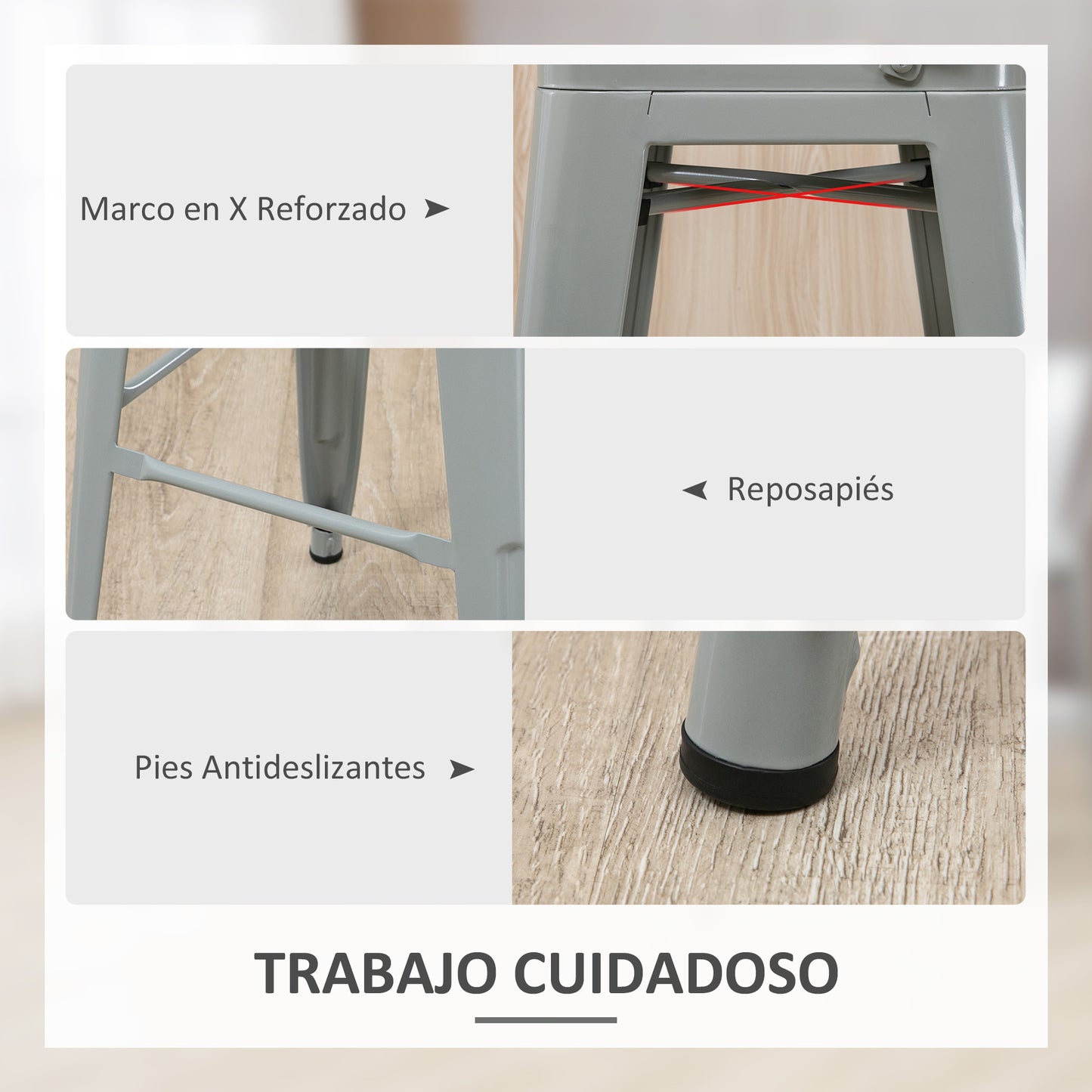 HOMCOM Juego de 4 Taburetes de Bar con Respaldo Alto Silla de Comedor de Metal con Reposapiés para Comedor Carga 120 kg 44x49x116 cm Gris Plata