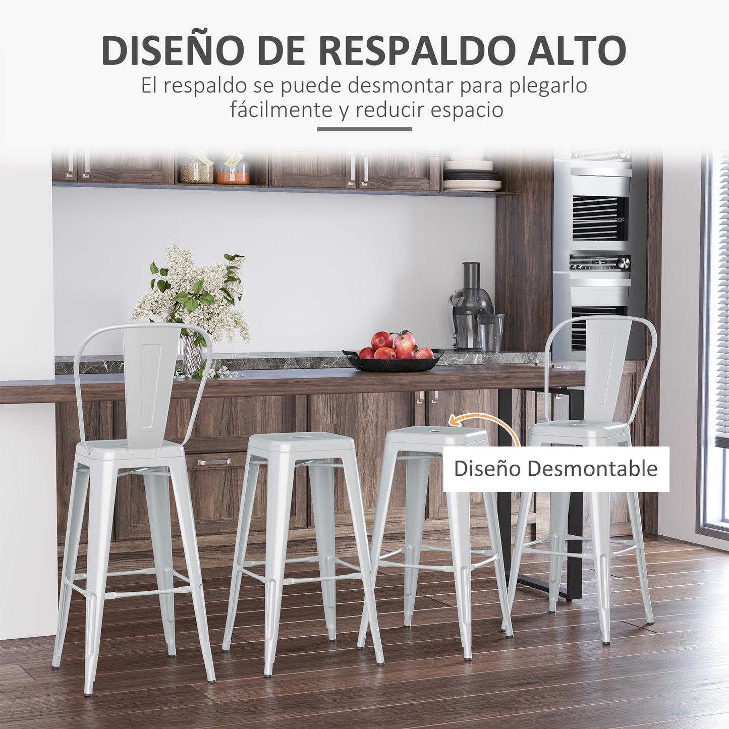 HOMCOM Juego de 4 Taburetes de Bar con Respaldo Alto Silla de Comedor de Metal con Reposapiés para Comedor Carga 120 kg 44x49x116 cm Gris Plata