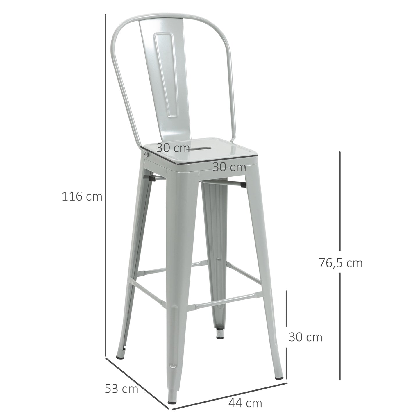 HOMCOM Juego de 4 Taburetes de Bar con Respaldo Alto Silla de Comedor de Metal con Reposapiés para Comedor Carga 120 kg 44x49x116 cm Gris Plata