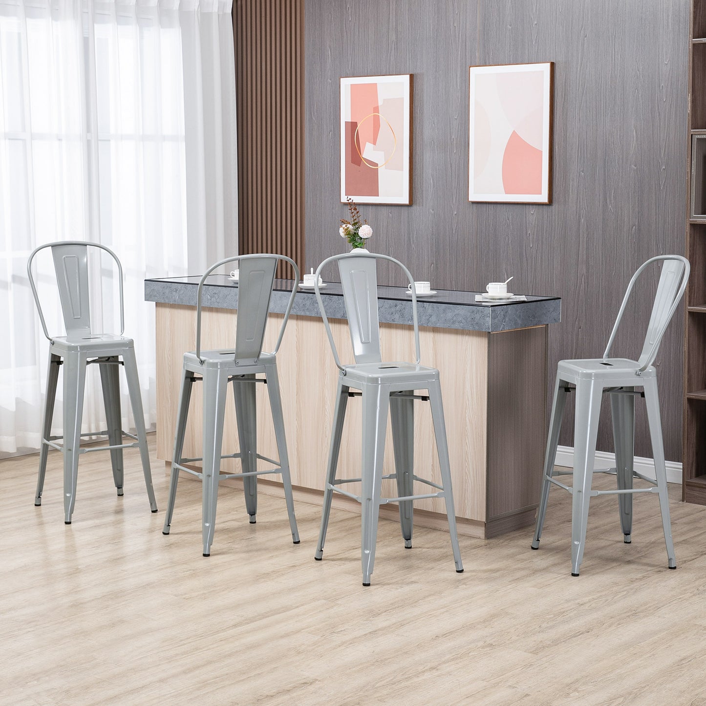 HOMCOM Juego de 4 Taburetes de Bar con Respaldo Alto Silla de Comedor de Metal con Reposapiés para Comedor Carga 120 kg 44x49x116 cm Gris Plata