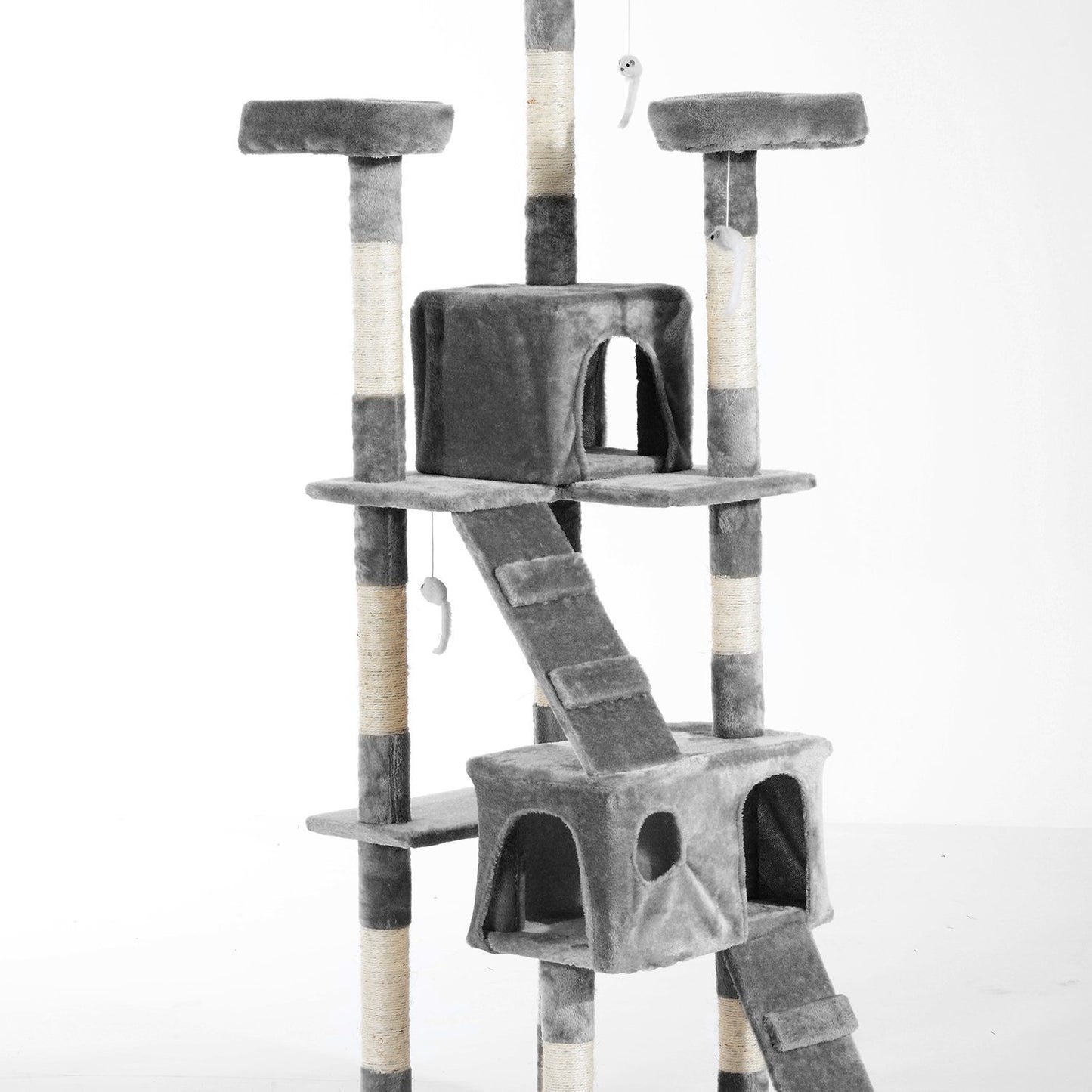 PawHut Árbol Rascador para Gatos Grande 49x49x173 cm con Múltiples Niveles con Cuevas Escaleras Juguetes Colgantes Camas Centro Actividades Sisal Gris